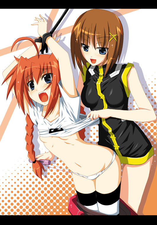 fumihiro, vita (nanoha), yagami hayate, lyrical nanoha, mahou shoujo lyrical nanoha, mahou shoujo lyrical nanoha a's, striped legwear, 00s, 2girls, age difference, arms up, assisted exposure, bdsm, blue eyes, blush, bondage, bound, breasts, brown hair, bullying, clothes lift, femdom, flat chest, imminent rape, letterboxed, loli, medium breasts, multiple girls, naughty face, onee-loli, panties, rape, red hair, sex toy, shirt lift, short hair, small breasts, striped clothes, striped thighhighs, thighhighs, underwear, undressing, vibrator, yuri