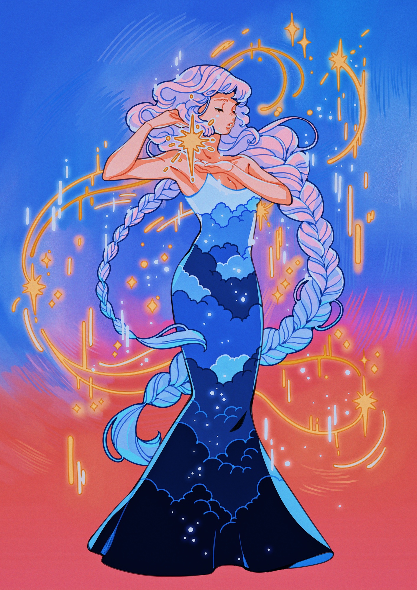 meyoco, original, commentary, english commentary, highres, 1girl, abstract background, absurdly long hair, bare shoulders, blue background, blue clouds, blue hair, braid, breasts, cleavage, closed eyes, cloud print, colorful, dress, full body, glowing, gradient clothes, gradient dress, gradient hair, hands up, long hair, medium breasts, multicolored hair, object floating above hand, orange background, parted lips, pink hair, print dress, sky print, sleeveless, sleeveless dress, solo, standing, star (sky), star (symbol), starry sky print, twin braids, very long hair, wavy hair