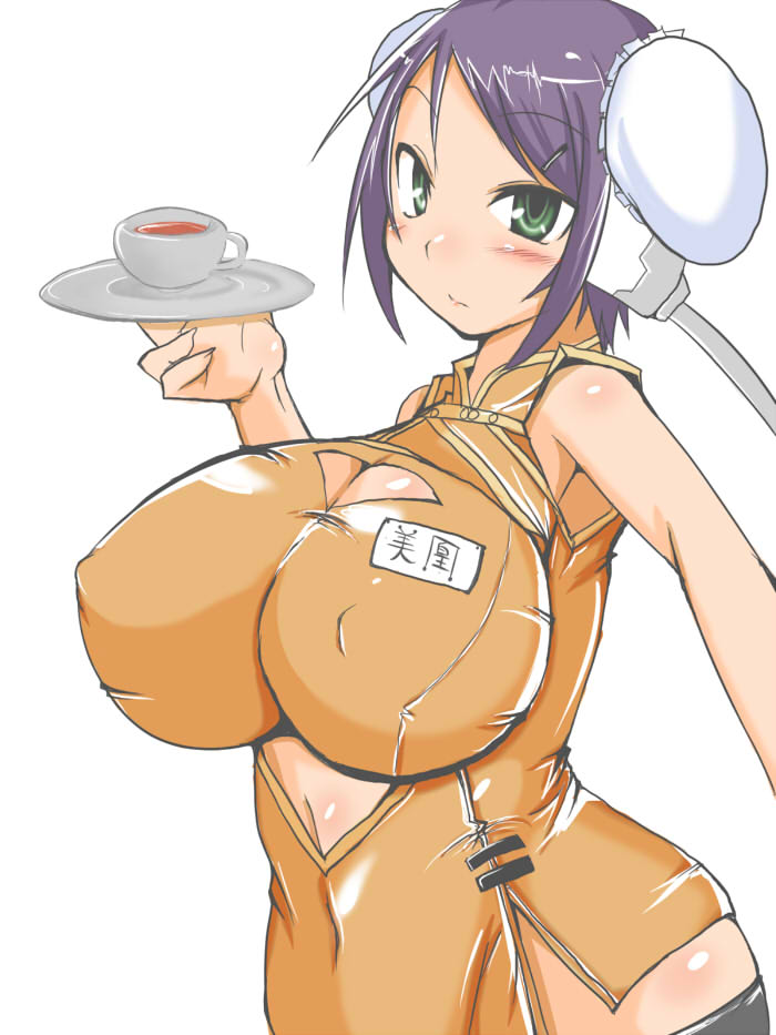 hiya (dkr), mei-fang, aq interactive, arcana heart, atlus, examu, 1girl, blush, breasts, bun cover, china dress, chinese clothes, cleavage, cleavage cutout, clothing cutout, cup, curvy, double bun, dress, female focus, green eyes, hair bun, huge breasts, impossible clothes, impossible shirt, purple hair, shirt, solo, tea, teacup, tray