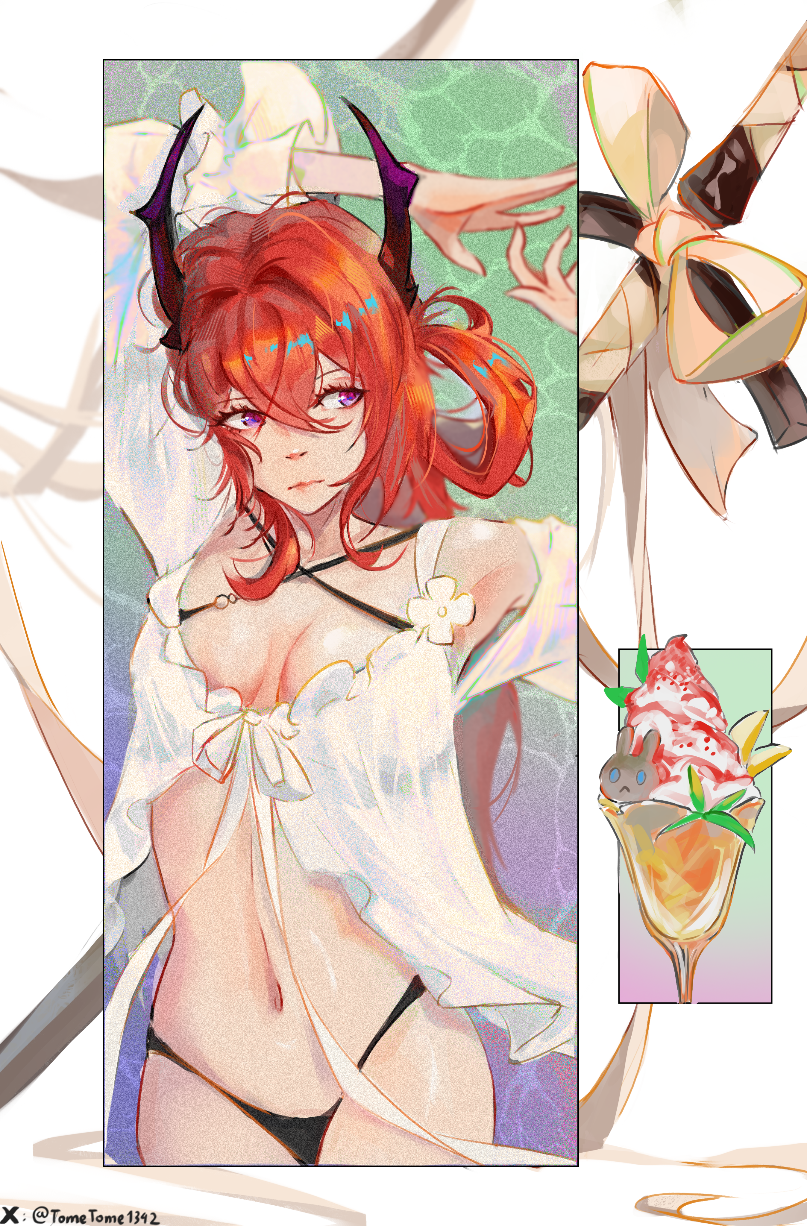 tometome1342, surtr (arknights), surtr (colorful wonderland) (arknights), arknights, absurdres, commentary, highres, 1girl, arms up, bikini, black bikini, breasts, cleavage, cowboy shot, criss-cross halter, demon horns, food, halterneck, highleg, highleg bikini, horns, large breasts, long hair, long sleeves, looking at viewer, looking to the side, navel, official alternate costume, parfait, purple eyes, red hair, solo, swimsuit, swimsuit cover-up, sword, twitter username, twitter x logo, weapon