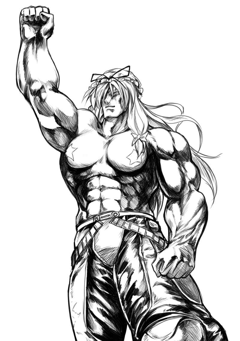 take shinobu, takesinobu, raoh, raoh (hokuto no ken), yakumo yukari, hokuto no ken, touhou, bad id, bad pixiv id, 1girl, breasts, female focus, greyscale, hara tetsuo (style), i don't have a single regret in my life, large breasts, manly, monochrome, muscular, parody, pasties, simple background, solo, style parody, what