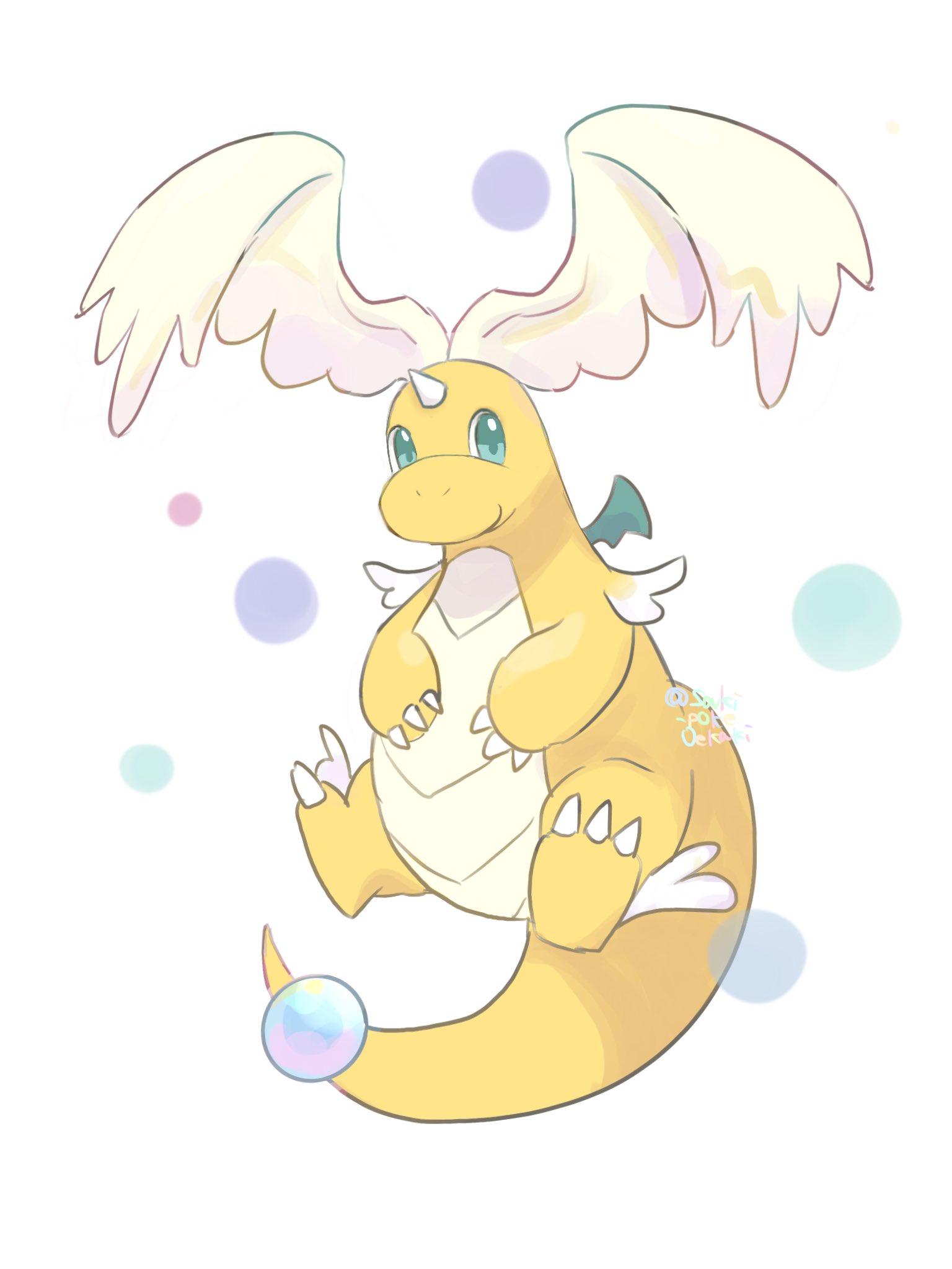 saki pokeoekaki, dragonite, mega dragonite, nintendo, pokemon, pokemon legends: z-a, highres, claws, closed mouth, colored skin, dragon, feathered wings, full body, gen 1 pokemon, green eyes, head wings, horns, leg wings, looking at viewer, mega pokemon, no humans, orange skin, pokemon (creature), pokemon focus, single horn, smile, solo, tail, wings