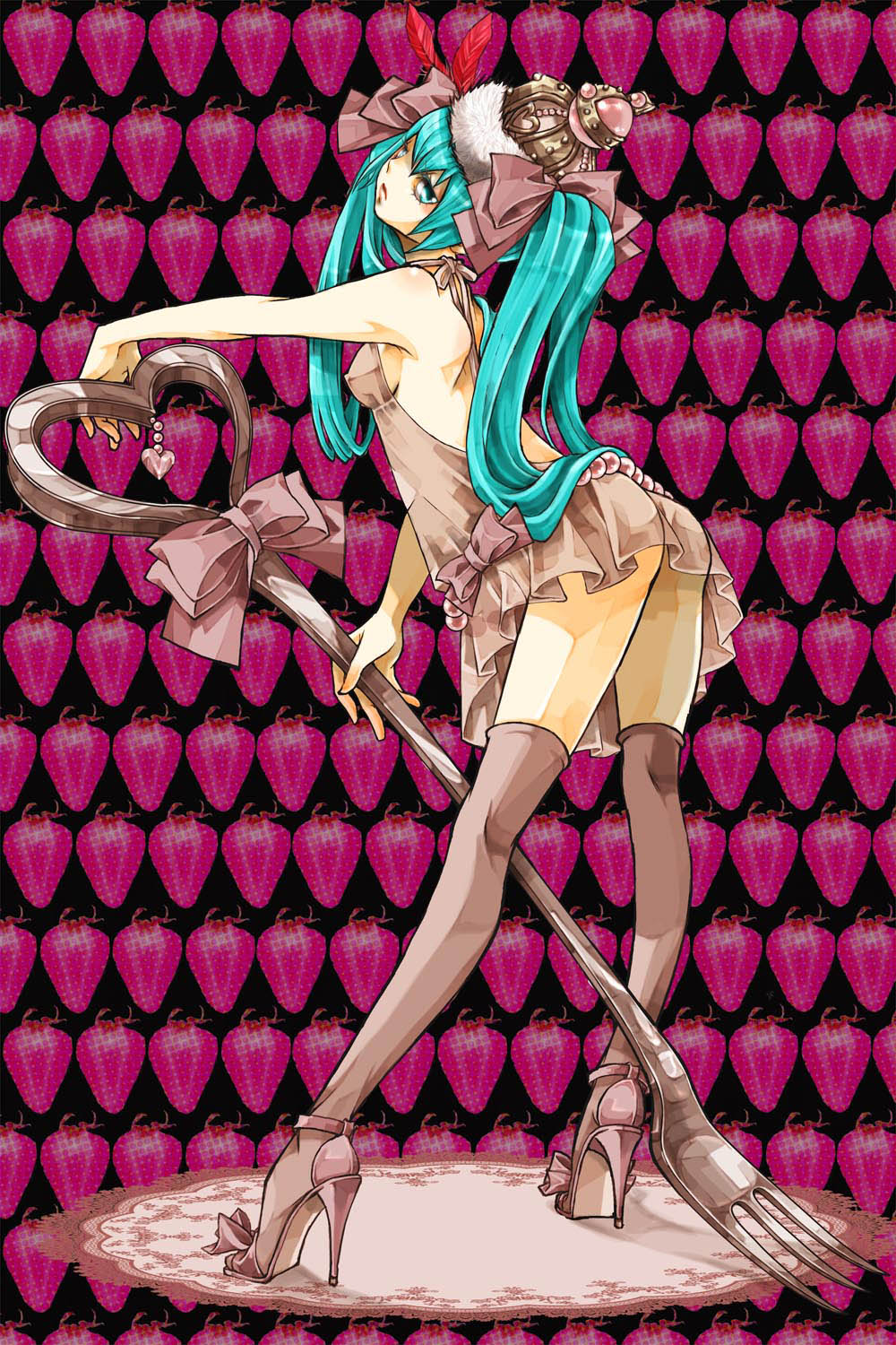 sakura (superbunnys), hatsune miku, vocaloid, world is mine (vocaloid), highres, 1girl, aqua eyes, aqua hair, bow, breasts, crown, dress, female focus, food, fork, fruit, hair bow, hair ribbon, high heels, legs, open shoes, oversized object, ribbon, shoes, sideboob, small breasts, solo, strawberry, thighhighs