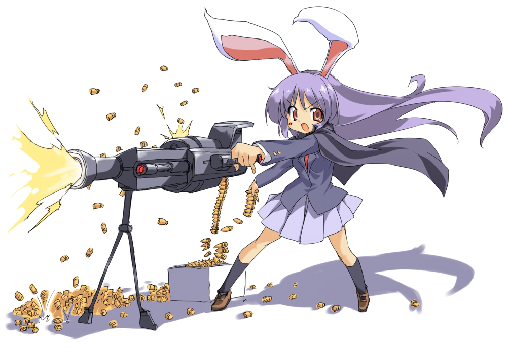 take shinobu, takesinobu, reisen udongein inaba, touhou, bad id, bad pixiv id, 1girl, ammunition, ammunition belt, animal ears, blazer, cape, chain gun, female focus, gatling gun, gun, jacket, long hair, machine gun, minigun, purple hair, rabbit ears, red eyes, shell casing, simple background, skirt, solo, weapon