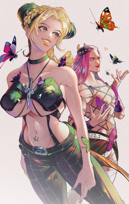 kuujou jolyne, narciso anasui, jojo no kimyou na bouken, stone ocean, commentary request, 1boy, 1girl, adapted costume, arm tattoo, belt, belt buckle, blonde hair, blue eyes, bra, braid, braided bun, braided ponytail, breasts, brown skirt, buckle, bug, butterfly, butterfly tattoo, choker, collarbone, cone hair bun, double bun, fishnet pantyhose, fishnet top, fishnets, green bra, green butterfly, green choker, green eyes, green hair, green nails, green pants, hair bun, halterneck, hat, horned hat, insect, jewelry, large breasts, long hair, looking to the side, makeup, multicolored hair, musasabi05, navel, navel piercing, necklace, orange lips, pants, pantyhose, parted lips, piercing, pink eyes, pink hair, pink lips, purple hat, skirt, smile, spider web print, star piercing, sword, tattoo, two-tone hair, underboob, underwear, weapon, white belt
