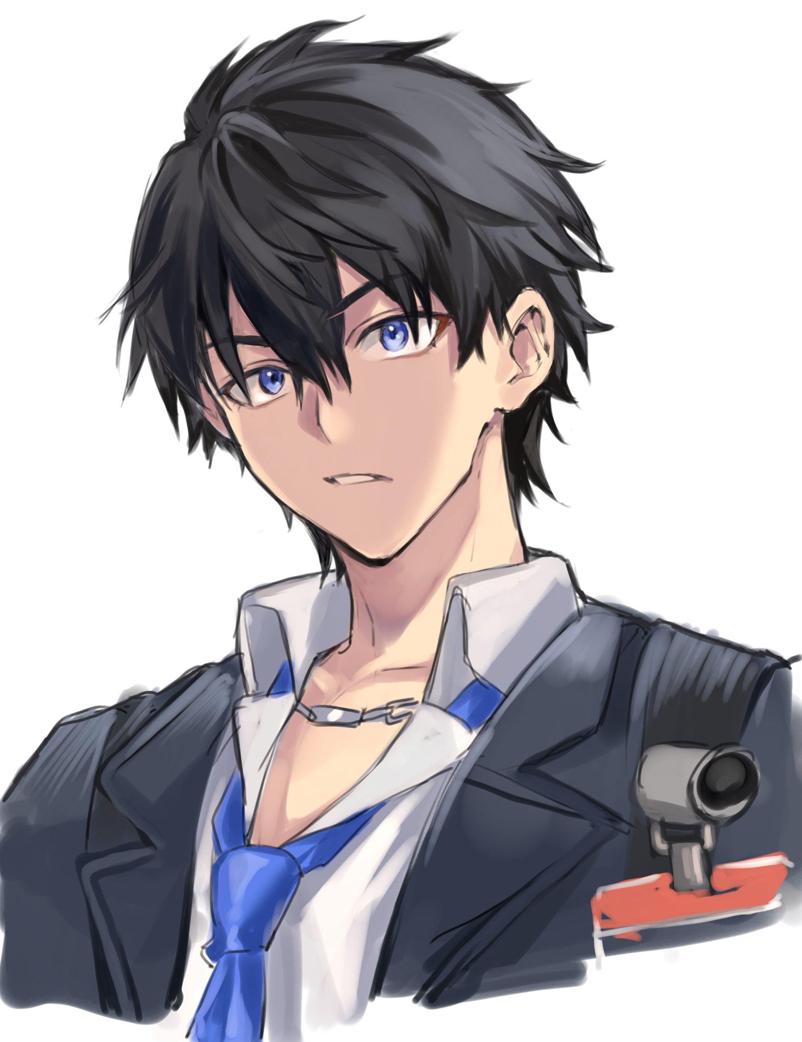 1758rainn, male protagonist (ananta), ananta, commentary request, highres, 1boy, black hair, black jacket, blue eyes, blue necktie, collared shirt, cropped torso, double-parted bangs, hair between eyes, jacket, lapels, looking at viewer, male focus, necktie, notched lapels, open collar, parted lips, shirt, short hair, simple background, solo, teeth, white background, white shirt, wing collar