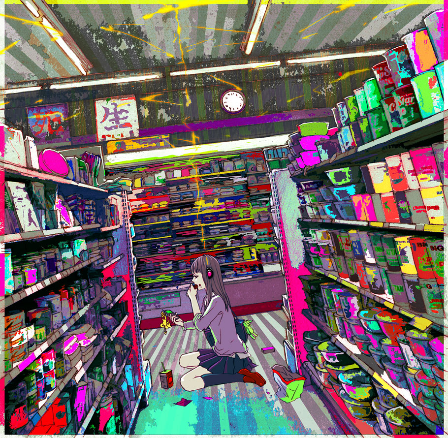 zain, original, 1girl, cellphone, colorful, eating, female focus, headphones, phone, shop, sitting, skirt, solo