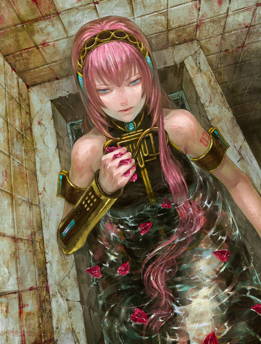 zain, megurine luka, vocaloid, bad id, bad pixiv id, highres, 1girl, bath, bathing, female focus, indoors, long hair, petals, pink hair, solo, water