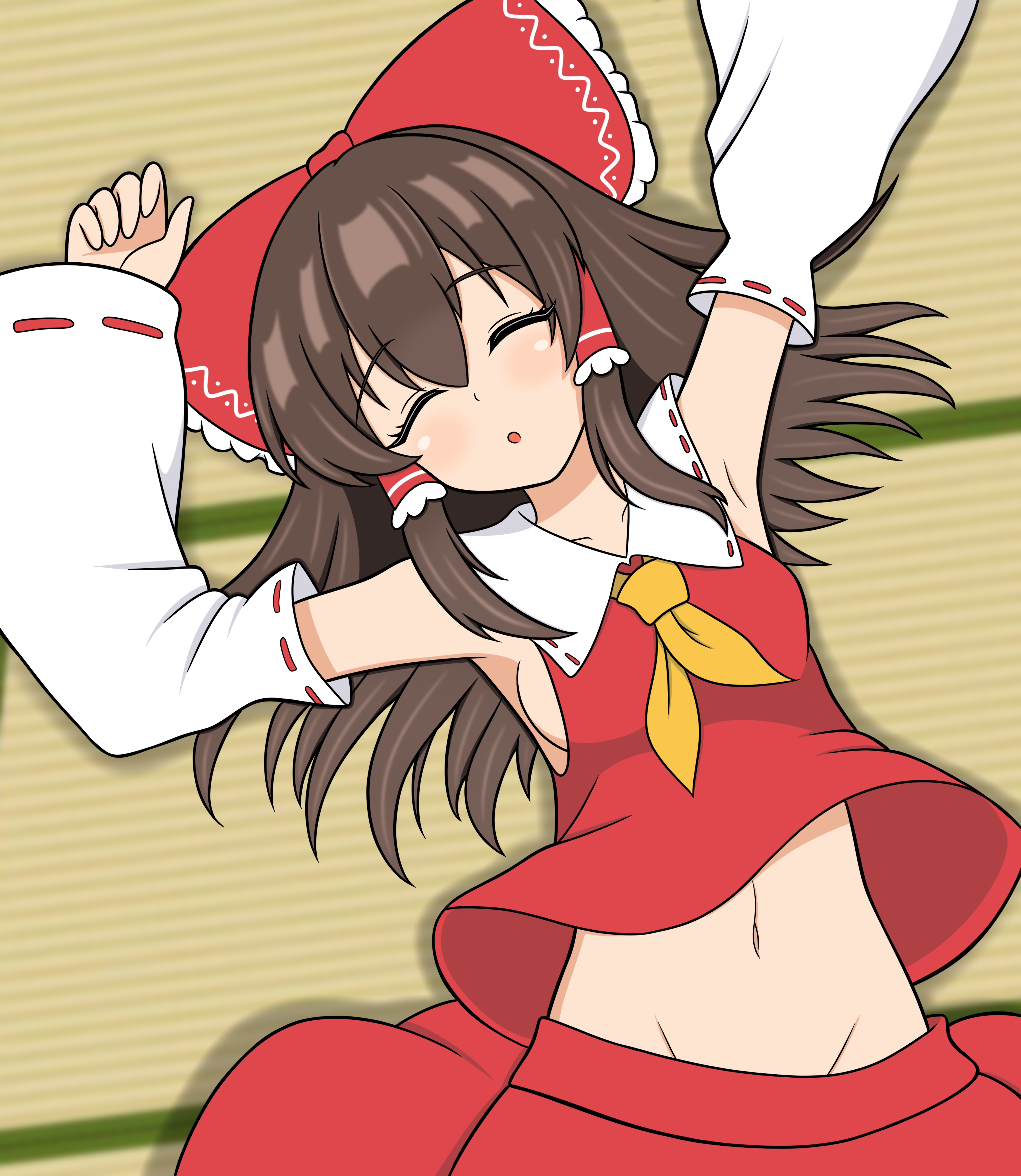 yoshio hentai, hakurei reimu, touhou, absurdres, commentary request, highres, 1girl, ascot, bow, breasts, brown hair, closed eyes, detached sleeves, facing viewer, frilled bow, frilled hair tubes, frills, groin, hair bow, hair tubes, long hair, lying, midriff, navel, no bra, on back, open mouth, red bow, red skirt, ribbon-trimmed sleeves, ribbon trim, sideboob, skirt, skirt set, sleeping, solo, tatami, yellow ascot