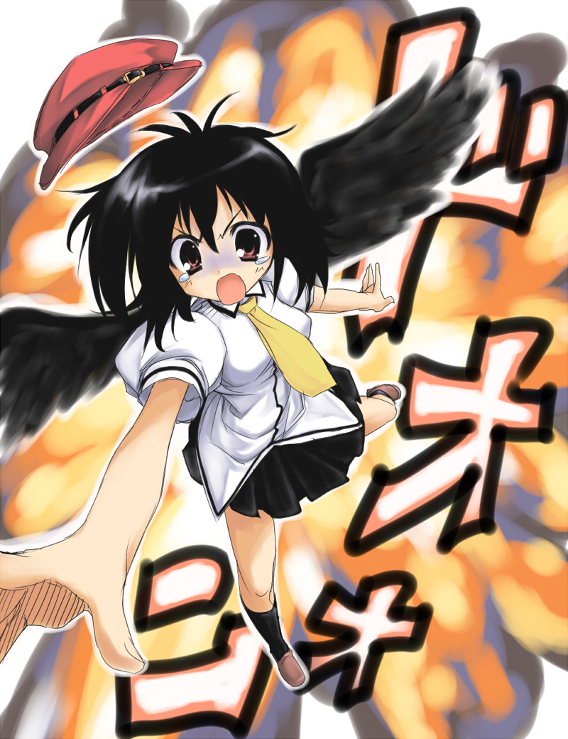 take shinobu, takesinobu, shameimaru aya, touhou, bad id, bad pixiv id, 1girl, black wings, explosion, female focus, hat, necktie, newsboy cap, solo, tears, wings