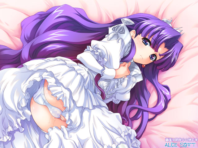 hagiya masakage, etoile lene roshtoll, etowaaru rene roshutooru, alice soft, banishu, vanish!, 1girl, ass, bed, blue eyes, blush, cameltoe, censored, crown, dress, embarrassed, female focus, female masturbation, flat chest, frills, from above, hair ornament, long hair, lying, masturbation, mosaic censoring, on side, panties, pantyshot, purple eyes, purple hair, pussy juice, see-through clothes, solo, spread legs, underwear, very long hair, watermark, wavy hair, white panties