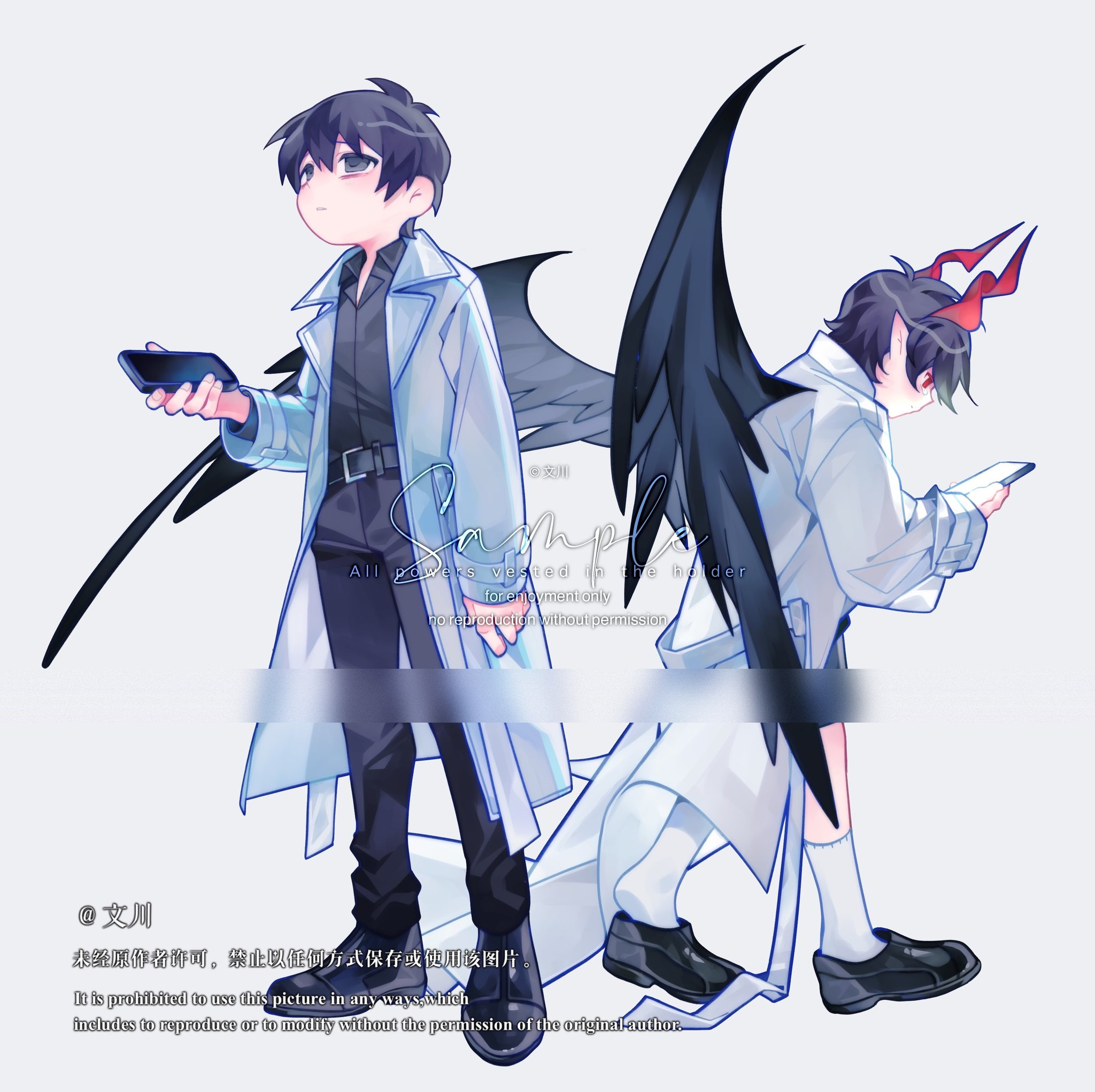 kim dokja, omniscient reader's viewpoint, highres, 2boys, black eyes, black hair, black shirt, black wings, boots, coat, collared shirt, demon horns, dual persona, feathered wings, full body, holding, holding phone, horns, looking at phone, male focus, multiple boys, nicayuko, official alternate costume, open clothes, open coat, phone, pointy ears, popped collar, red eyes, shirt, short hair, walking, white coat, wings