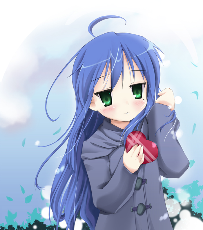 niiya, izumi konata, lucky star, 00s, 1girl, ahoge, blue hair, blush, coat, female focus, gift, green eyes, holding, holding gift, mole, mole under eye, solo