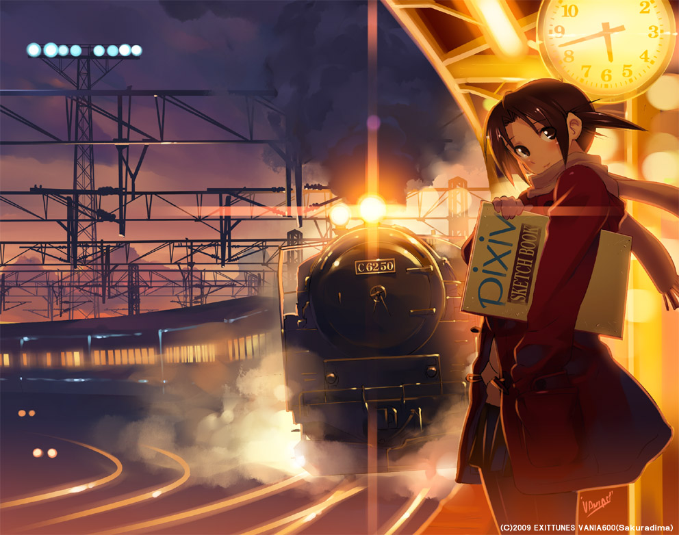 vania600, original, pixiv, bad id, bad pixiv id, 1girl, brown eyes, brown hair, clock, coat, female focus, locomotive, scarf, sketchbook, solo, steam locomotive, train, train station