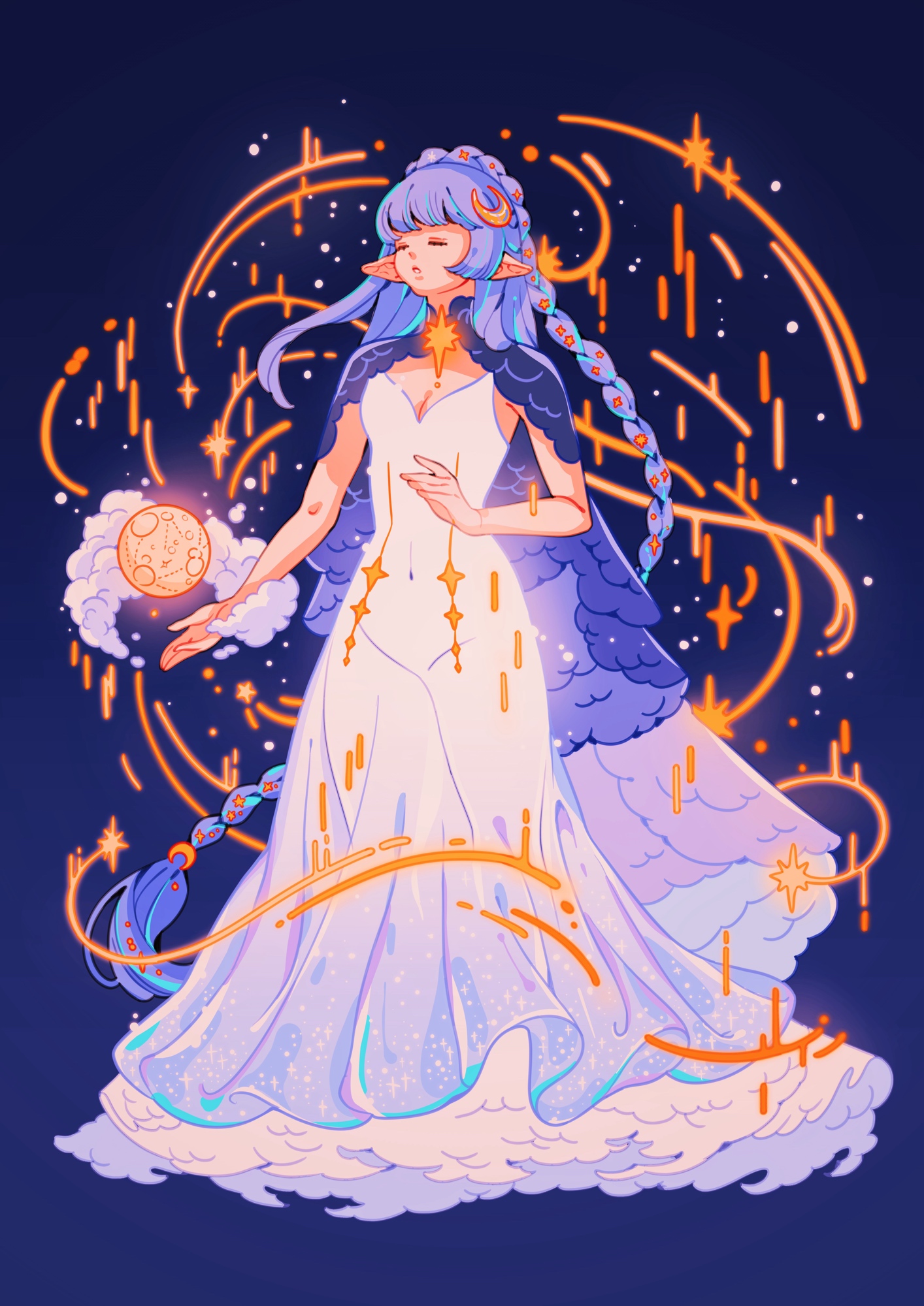 meyoco, original, alt text, commentary, english commentary, highres, 1girl, absurdly long hair, blue background, blunt bangs, blunt sidelocks, braid, breasts, cape, cape clasp, cleavage, closed eyes, cloud, cloud print, color contrast, covered groin, covered navel, crescent, crescent hair ornament, dress, elf, full body, full moon, glitter dress, glowing, gradient clothes, gradient dress, hair ornament, jewelry, long dress, long hair, medium breasts, moon, necklace, object floating above hand, open mouth, orange light, pointy ears, print cape, print dress, purple background, purple cape, purple dress, purple hair, purple theme, shooting star, side braid, sidelocks, sleeveless, sleeveless dress, solo, sparkle, standing, star (sky), star (symbol), star hair ornament, star necklace, very long hair, white dress