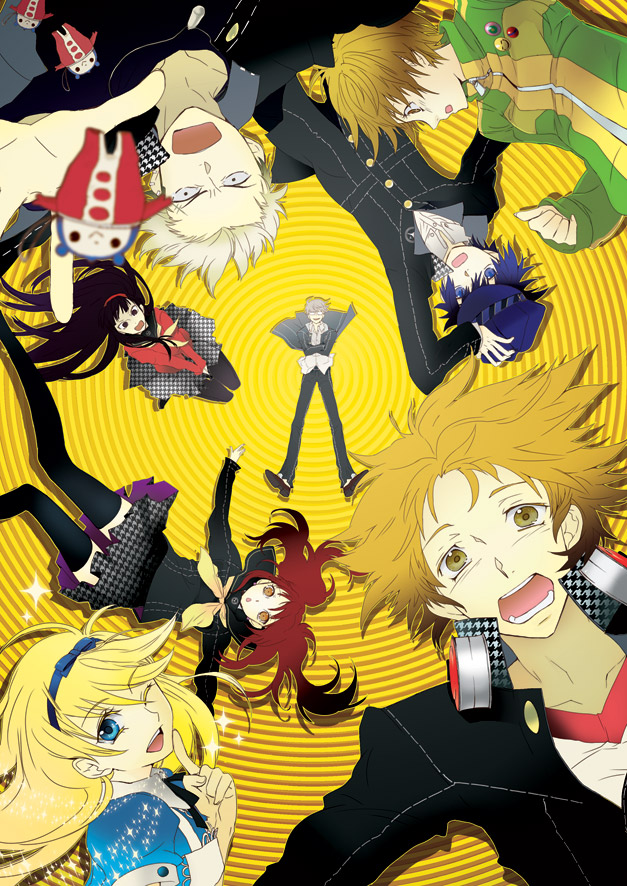 mooche, amagi yukiko, hanamura yousuke, kujikawa rise, kuma (persona 4), narukami yu, satonaka chie, shirogane naoto, tatsumi kanji, atlus, persona, persona 4, 4boys, 4girls, dual persona, hat, headphones, headphones around neck, multiple boys, multiple girls, one eye closed, school uniform, thighhighs, trap, wink