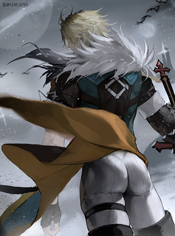 np (1231 0720), varka (genshin impact), genshin impact, commentary request, korean commentary, 1boy, animal, bird, black boots, black gloves, blonde hair, boots, coat, fingerless gloves, floating clothes, fur trim, gloves, male focus, pants, scar, scar on arm, short sleeves, sleeve cuffs, solo, standing, sword, tight clothes, tight pants, two-sided coat, two-sided fabric, weapon, white fur, white pants