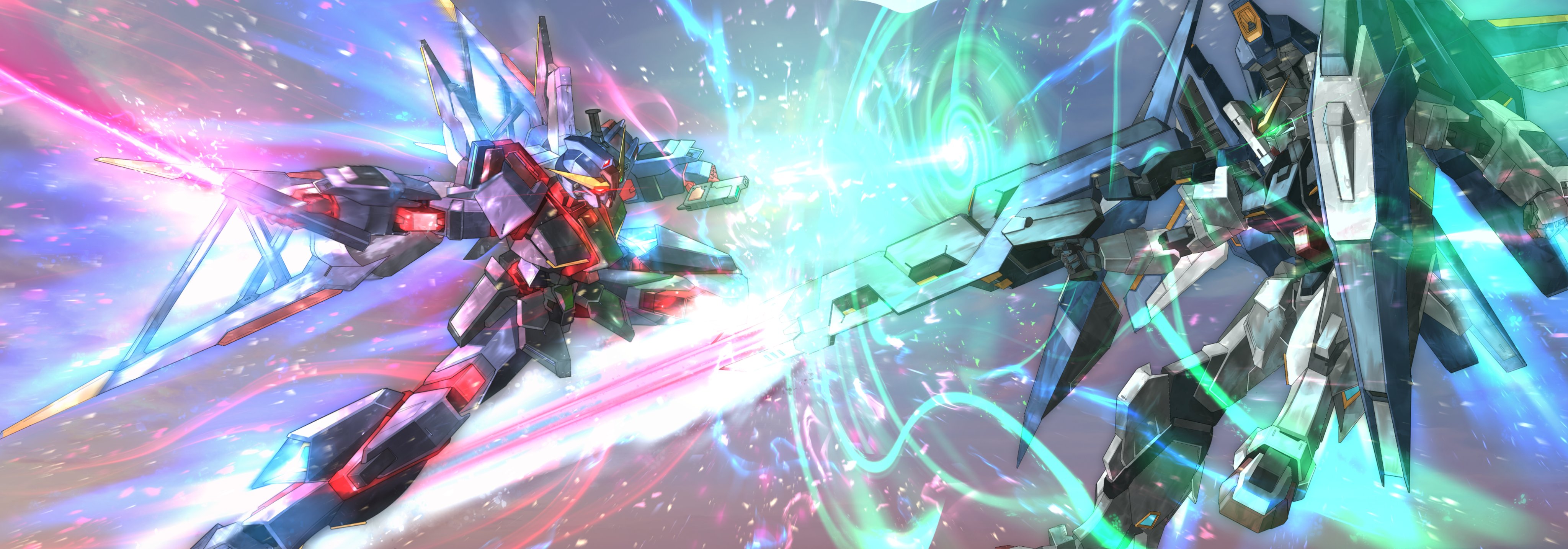 mechaklear, gundam mk ii, strike gundam, super gundam, gundam, gundam seed, zeta gundam, absurdres, commentary request, highres, battle, beam rifle, energy gun, energy sword, firing, flying, fusion, glowing, glowing eyes, green eyes, gun, holding, holding gun, holding sword, holding weapon, light particles, mecha, mecha focus, mobile suit, no humans, red eyes, robot, science fiction, sword, titans (gundam), v-fin, weapon
