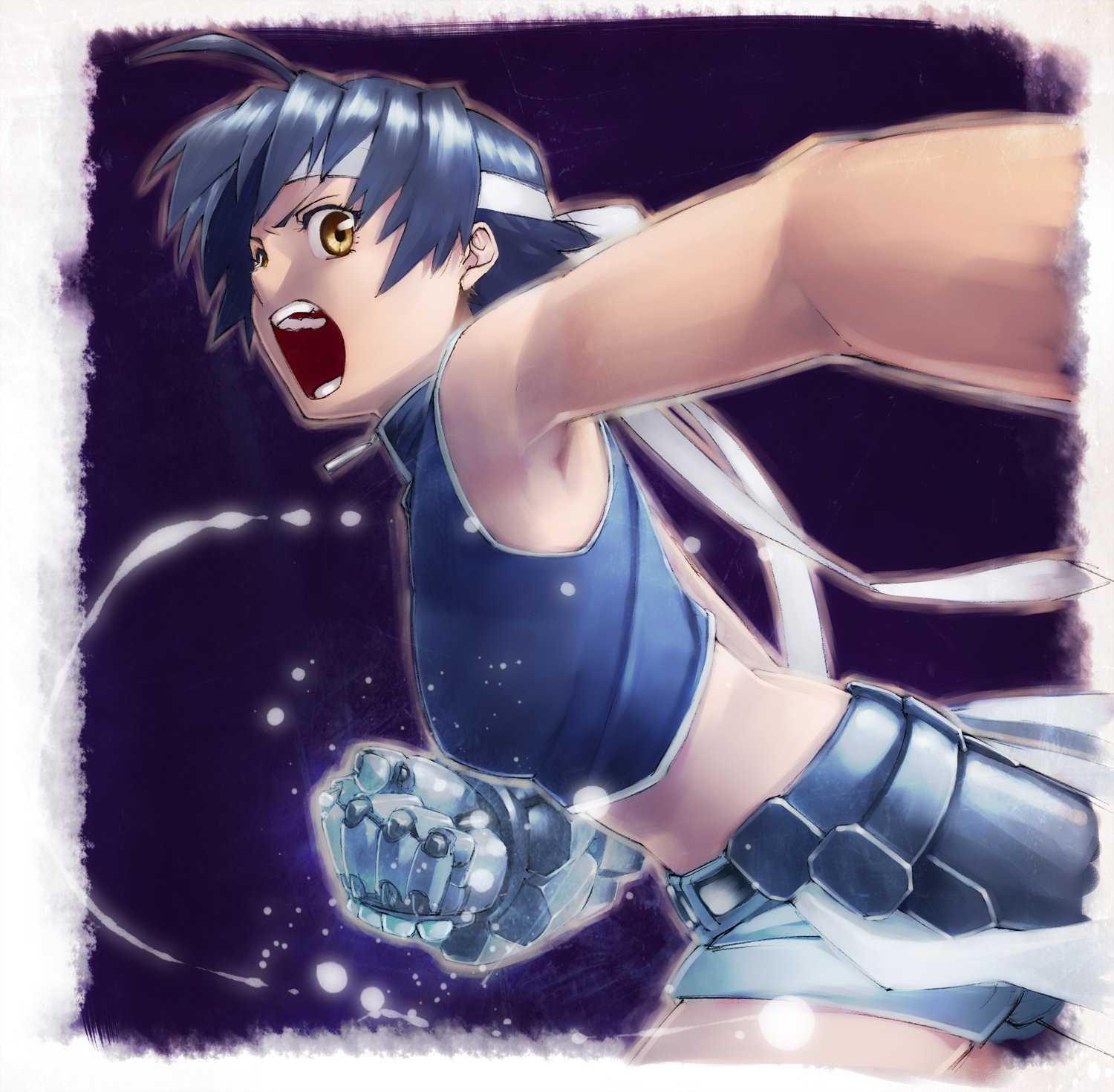 chibi maru, revolver knuckle, subaru nakajima, lyrical nanoha, mahou shoujo lyrical nanoha, mahou shoujo lyrical nanoha strikers, bad id, bad pixiv id, highres, 00s, action, ahoge, armor, armpits, blue hair, headband, midriff, open mouth, short hair, yellow eyes