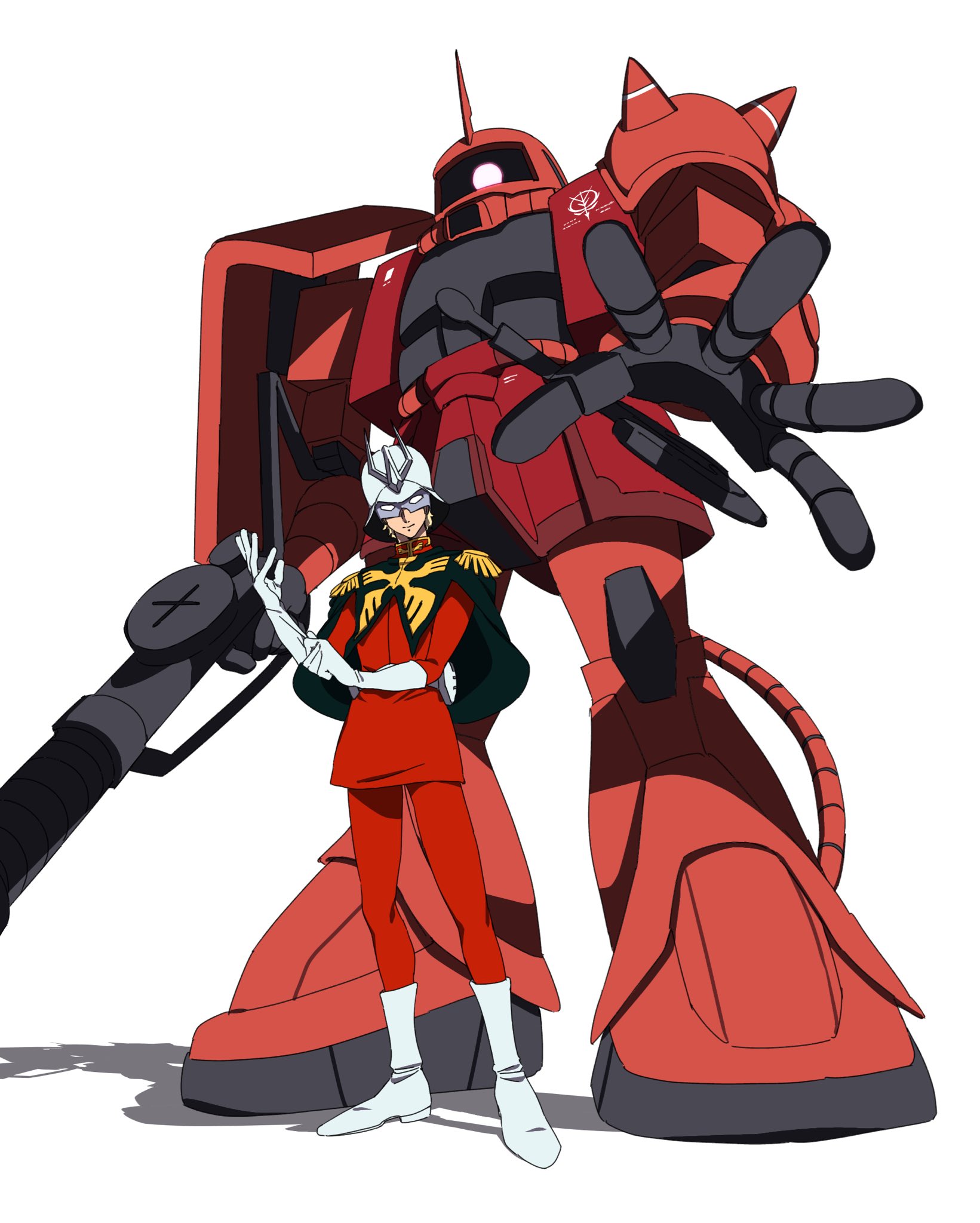 popo92 z, char aznable, zaku ii s char custom, gundam, mobile suit gundam, highres, 1boy, adjusting clothes, adjusting gloves, black capelet, blonde hair, boots, capelet, closed mouth, epaulettes, facing viewer, full body, gloves, gun, helmet, holding, holding gun, holding weapon, horns, jacket, long sleeves, male focus, mask, mecha, military jacket, military uniform, mobile suit, one-eyed, outstretched arm, pants, red eyes, red jacket, red pants, robot, science fiction, shadow, shoulder spikes, simple background, single horn, smile, spikes, standing, weapon, white background, white boots, white gloves, zeon