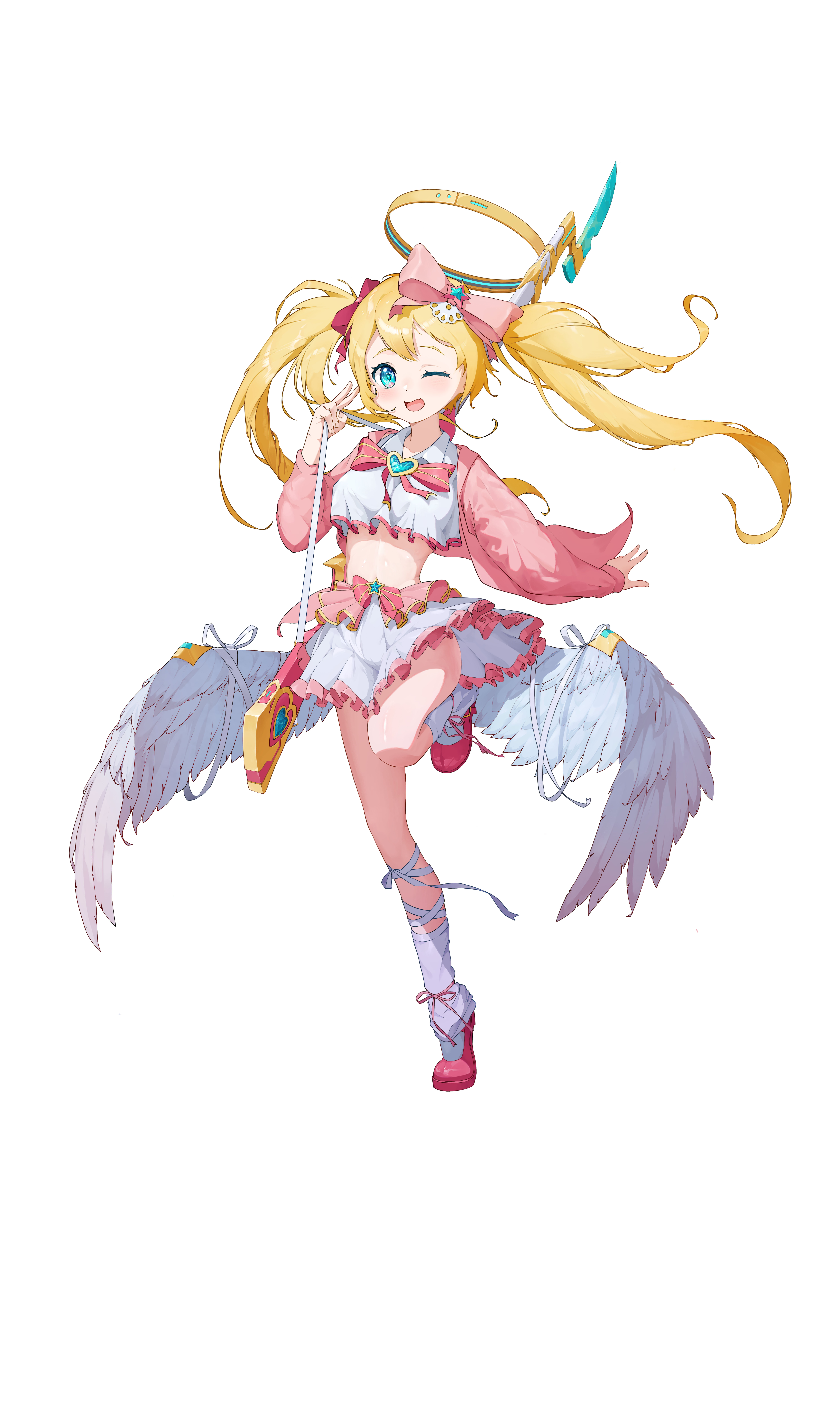 aries991, original, absurdres, commentary, english commentary, highres, 1girl, ;d, bayonet, blonde hair, blue eyes, blush, bow, bowtie, cardigan, crop top, feathered wings, floating hair, frilled skirt, frills, full body, gun, hair bow, halo, heart, heart-shaped gem, leg warmers, long hair, long sleeves, looking at viewer, low wings, mechanical halo, midriff, one eye closed, open cardigan, open clothes, open mouth, pink bow, pink bowtie, pink cardigan, pink shoes, pleated skirt, rifle, shirt, shoes, simple background, skirt, smile, solo, standing, standing on one leg, twintails, v, very long hair, weapon, white background, white leg warmers, white shirt, white skirt, white wings, wings