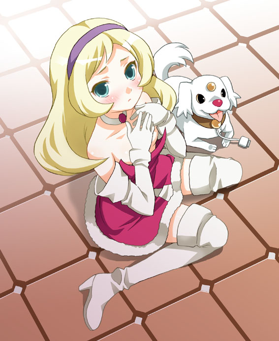 mattaku mousuke, sayaka erenkowa, net ghost pipopa, bad id, bad pixiv id, 00s, 1girl, aqua eyes, bare shoulders, blonde hair, blue eyes, blush, boots, choker, covering breasts, covering privates, dog, dress, elbow gloves, female focus, flat chest, from above, full body, gloves, hairband, high heels, kneeling, loli, long hair, looking up, no bra, shoes, solo, strapless, strapless dress, thigh boots, thighhighs, zettai ryouiki
