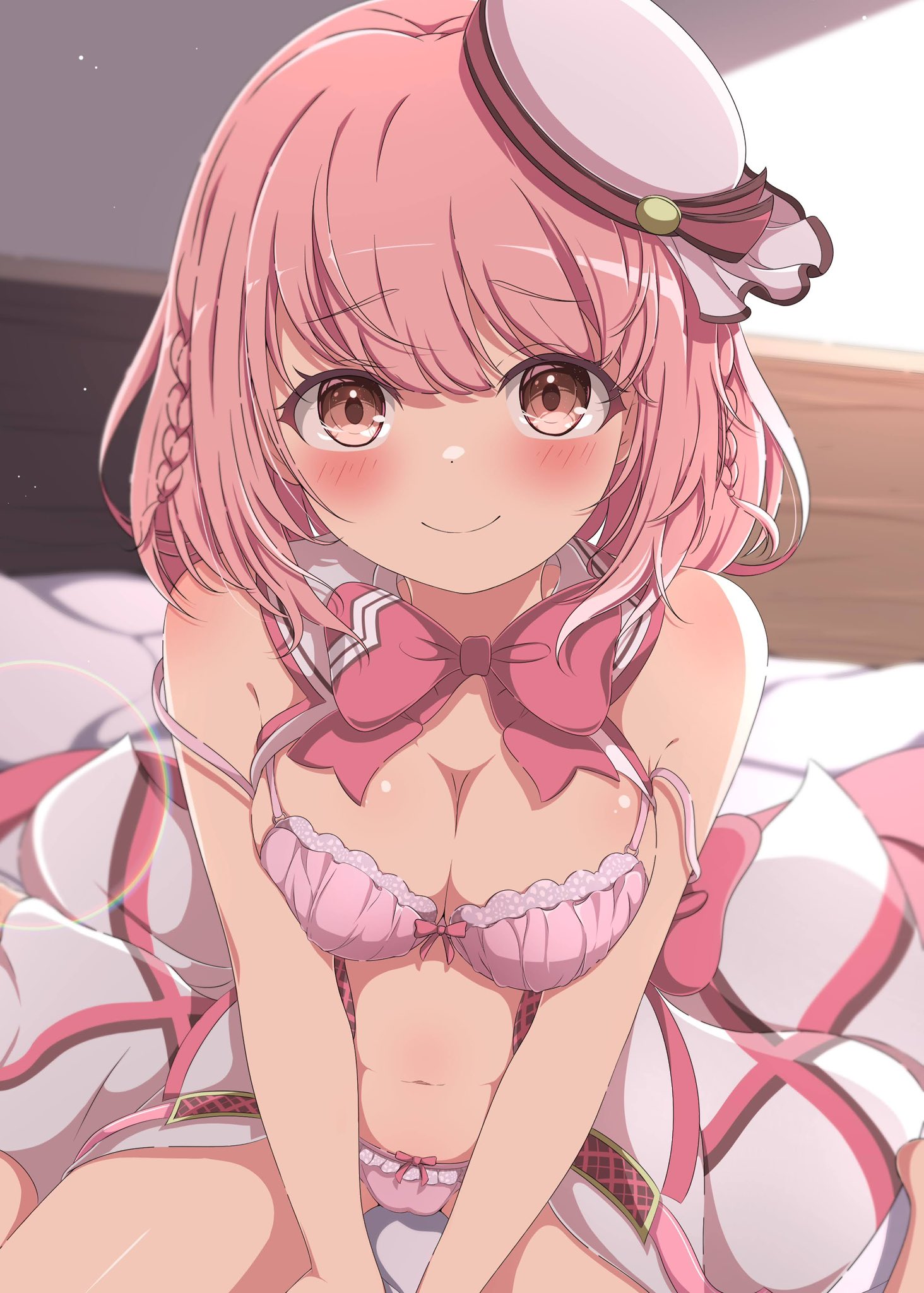 lida vv, hoshizaki akari, ongeki, commission, highres, 1girl, bare shoulders, blurry, blush, bow, bra, braid, breasts, brown eyes, cleavage, closed mouth, depth of field, hat, indoors, looking at viewer, medium breasts, navel, panties, pink bra, pink hair, pink panties, sitting, smile, solo, underwear, window
