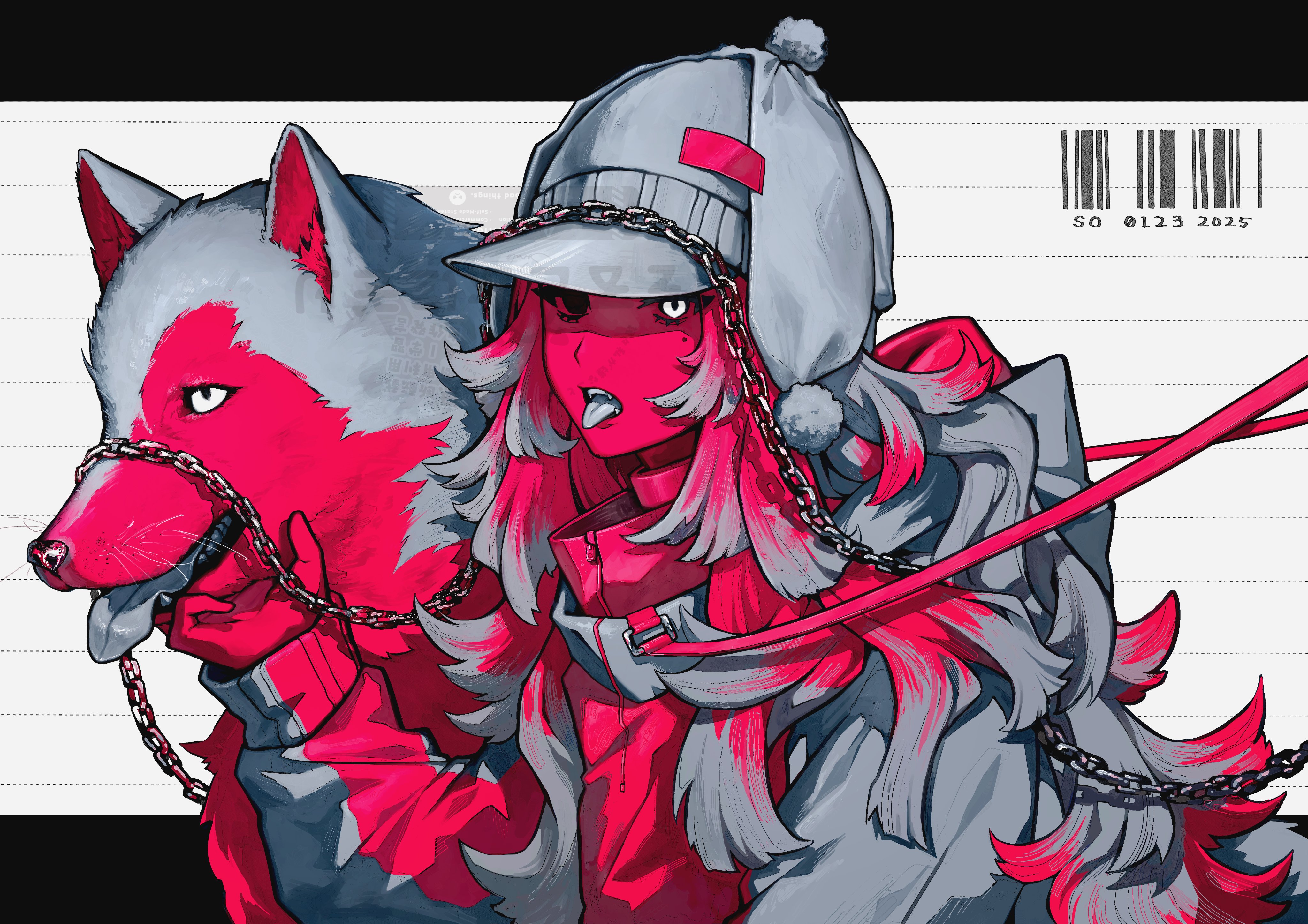 srt rice ball, original, absurdres, commentary, highres, 1girl, animal, barcode, black eyes, chain, coat, colored skin, dog, grey coat, grey hair, grey hat, hat, heterochromia, leash, long hair, looking at viewer, multicolored hair, open mouth, red skin, red streaks, solo, streaked hair, tongue, tongue out, upper body, white background, white eyes