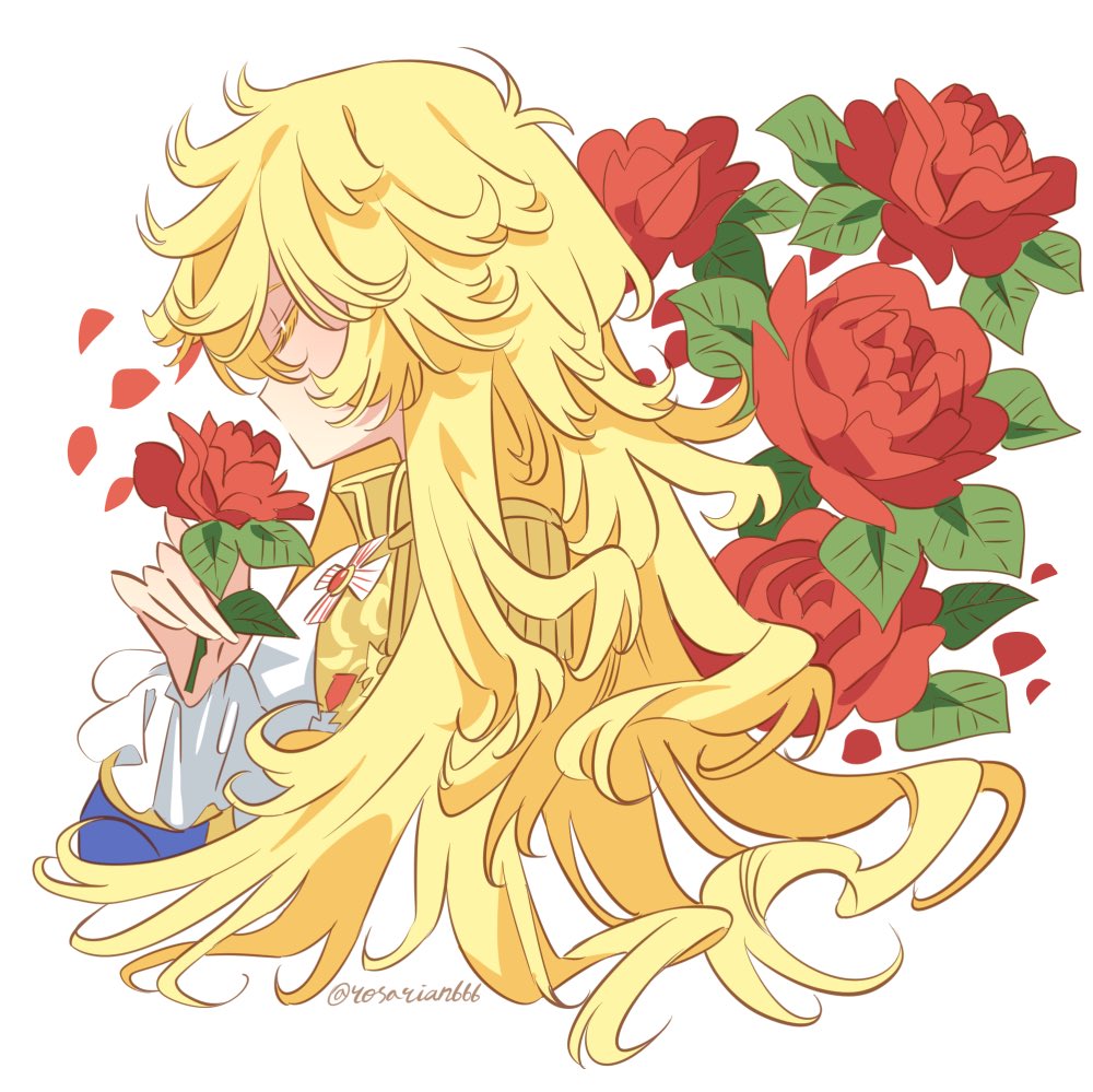 meremero, oscar francois de jarjayes, versailles no bara, 1girl, blonde hair, closed eyes, cropped torso, flower, from side, holding, holding flower, long hair, long sleeves, profile, red flower, red petals, red rose, rose, solo, straight hair, twitter username, upper body, very long hair, white background
