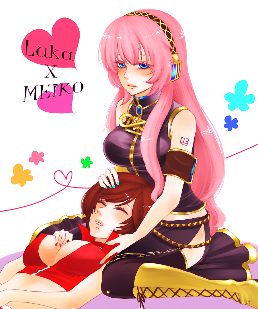 nez-doll, megurine luka, meiko (vocaloid), vocaloid, bad id, bad pixiv id, 2girls, blue eyes, blue nails, boots, breasts, cleavage, closed eyes, hairband, heart, lap pillow, large breasts, long hair, multiple girls, nail polish, pink hair, red nails, thighhighs, yuri