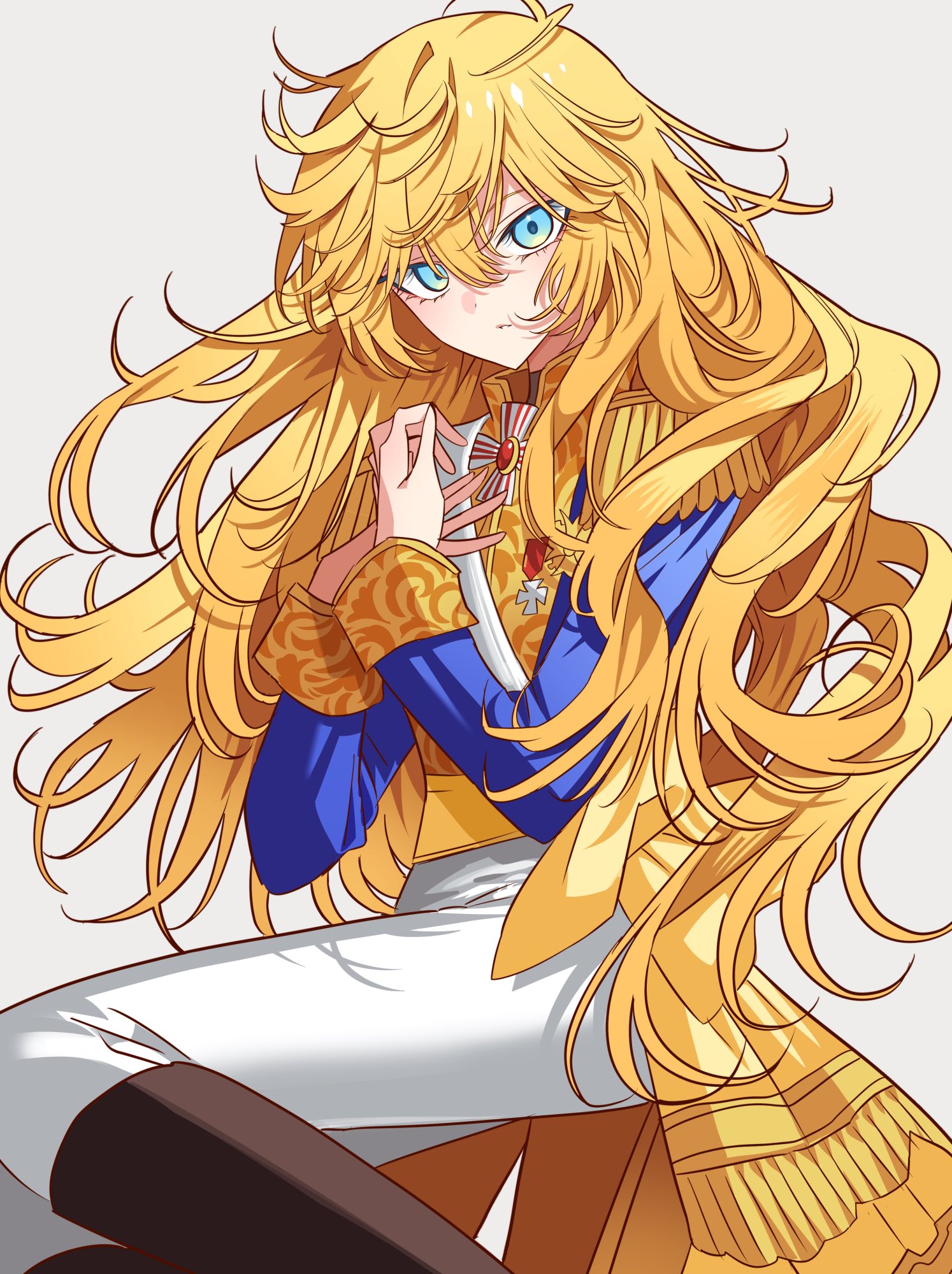 meremero, oscar francois de jarjayes, versailles no bara, highres, 1girl, black boots, blonde hair, blue eyes, blue jacket, boots, closed mouth, floating hair, gem, grey background, hair between eyes, jacket, knee boots, long hair, long sleeves, looking at viewer, pants, red gemstone, simple background, solo, straight hair, very long hair, white pants