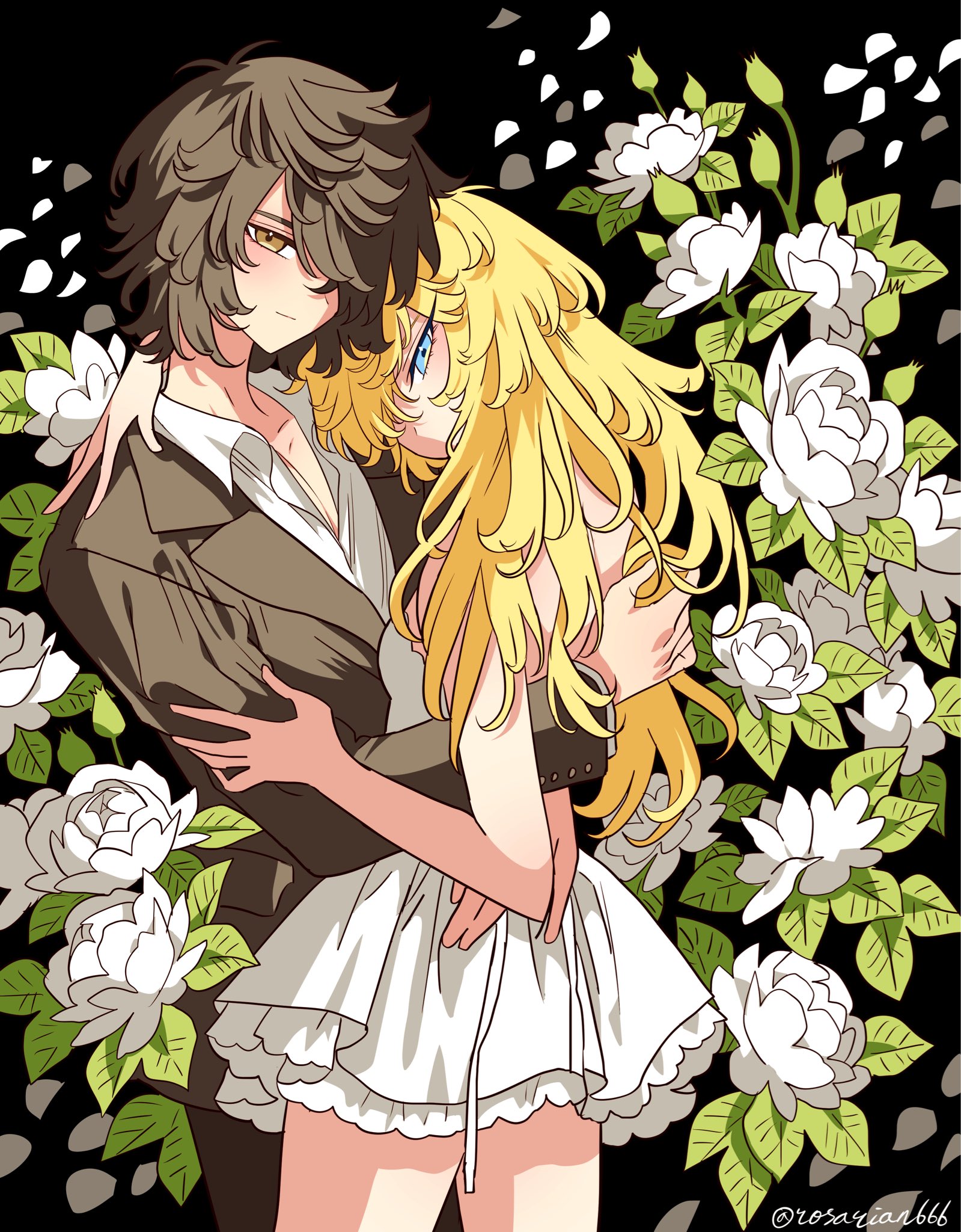 meremero, andre grandier, oscar francois de jarjayes, versailles no bara, highres, 1boy, 1girl, bare arms, bare legs, blonde hair, blue eyes, brown eyes, brown hair, brown jacket, brown pants, couple, cowboy shot, dress, dress shirt, flower, hair over one eye, head tilt, hetero, hug, jacket, layered dress, long hair, long sleeves, medium hair, pants, shirt, short dress, sleeveless, sleeveless dress, straight hair, white dress, white flower, white petals, white shirt