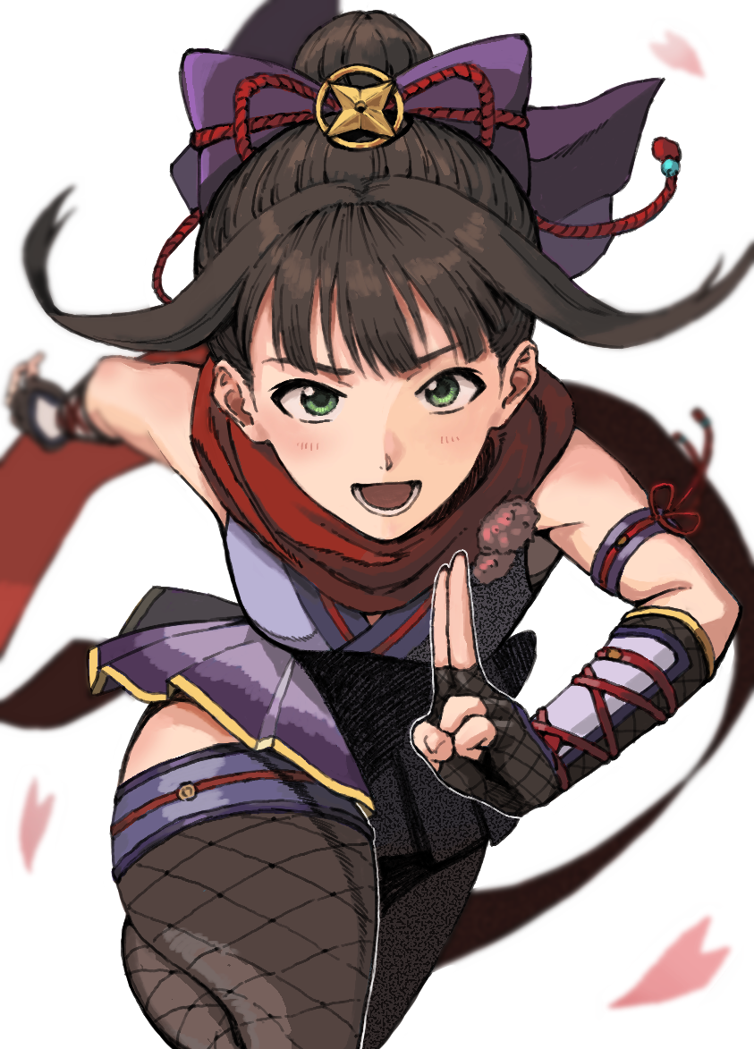 batcheam816, character request, 1girl, :d, black gloves, black thighhighs, bow, brown hair, fingerless gloves, fishnet thighhighs, fishnets, floating hair, gloves, green eyes, hair bow, japanese clothes, kimono, looking at viewer, miniskirt, ninja, open mouth, ponytail, purple bow, purple kimono, purple skirt, red scarf, running, scarf, short hair with long locks, sidelocks, skirt, sleeveless, sleeveless kimono, smile, solo, thighhighs, white background