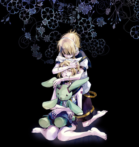 koko (oyasuminasai), reachizu (artist), kagamine len, kagamine rin, vocaloid, uniform, lowres, 1boy, 1girl, barefoot, blonde hair, brother and sister, comforting, flower, hetero, hug, hug from behind, ribbon, sad, short hair, siblings, tattoo, tears, twins