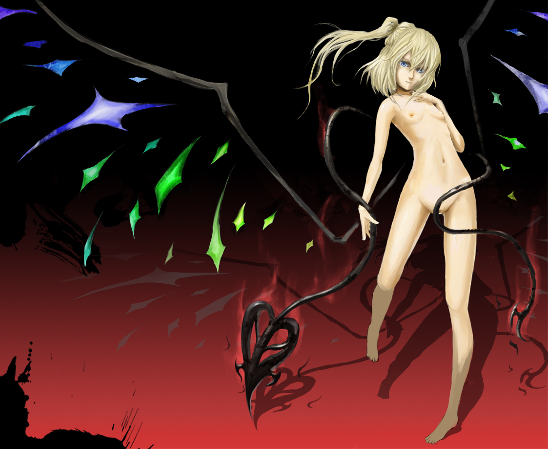 ross (clumzero), flandre scarlet, touhou, 1girl, blonde hair, blue eyes, censored, convenient censoring, female focus, laevatein, laevatein (touhou), loli, nude, pussy, short hair, side ponytail, solo, wings