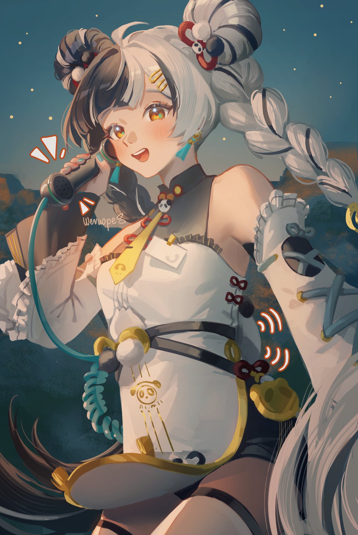 wernope, dialyn (zenless zone zero), zenless zone zero, commentary, english commentary, highres, 1girl, animal print, aqua nails, bare shoulders, bear print, black hair, blush, china dress, chinese clothes, detached sleeves, dress, earrings, hair ornament, hairclip, holding, holding phone, id card, jewelry, long hair, looking at viewer, multicolored hair, multicolored nails, multiple thigh straps, nail polish, necktie, night, night sky, open mouth, orange eyes, outdoors, panda hair ornament, panda print, phone, red nails, sky, solo, split-color hair, star (sky), starry sky, teeth, thigh strap, tongue, upper teeth only, white dress, white hair, wire, yellow necktie