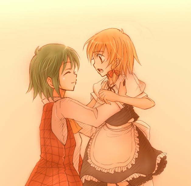 nagasawa (pixiv172331), nagasawa (tthnhk), kazami yuuka, kirisame marisa, touhou, bad id, bad pixiv id, 2girls, apron, ascot, blonde hair, braid, closed eyes, female focus, gradient background, green hair, lifting person, multiple girls, no headwear, plaid clothes, plaid skirt, plaid vest, short hair, side braid, skirt, skirt set, smile, vest, yuri