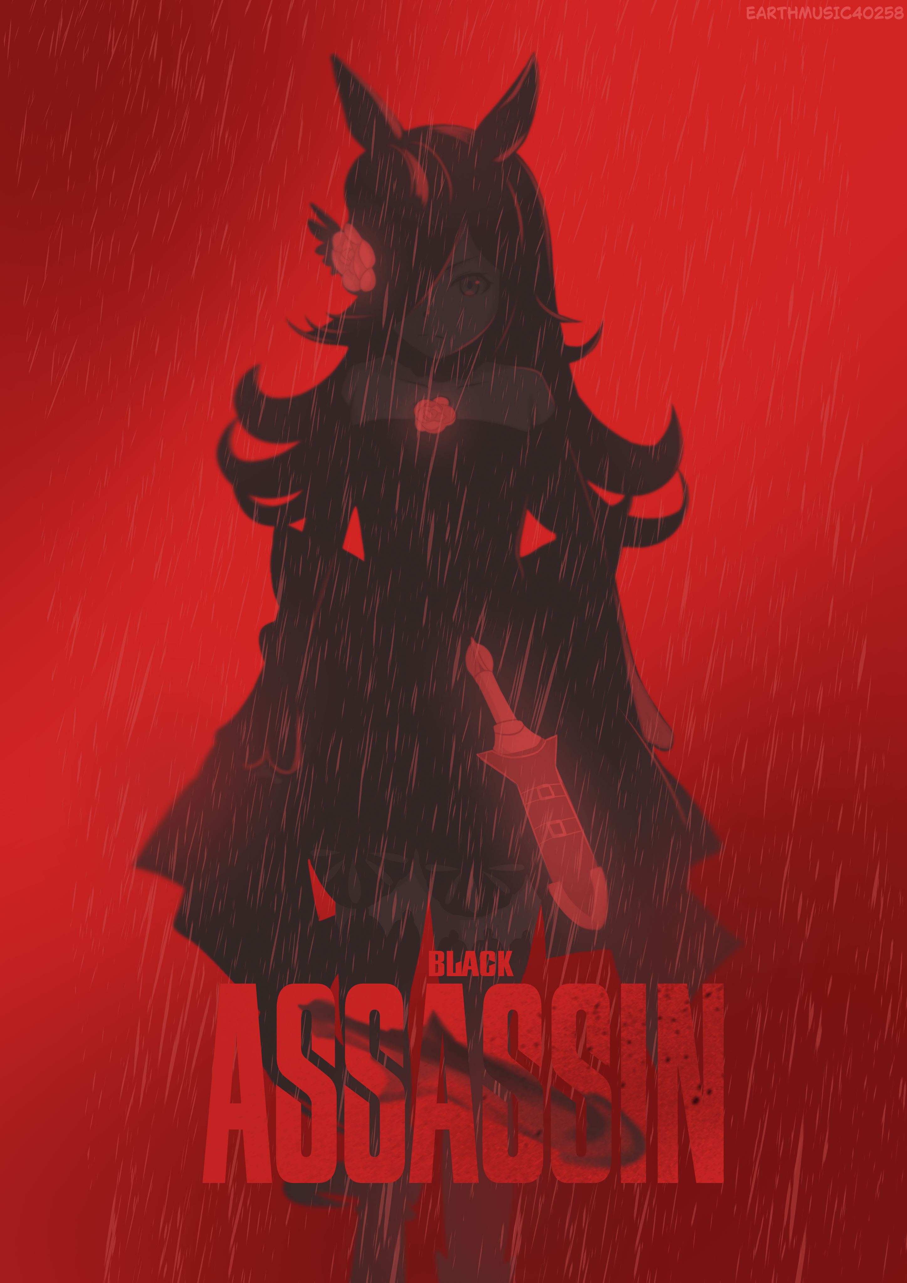 earthmusic40258, rice shower (rosy dreams) (umamusume), rice shower (umamusume), batman (series), dc comics, the batman (2022), umamusume, absurdres, highres, 1girl, animal ears, bare shoulders, dagger, dress, english text, fascinator, flipped hair, flower, fur choker, fur collar, hair over one eye, hat, hat flower, horse ears, horse girl, horse tail, knife, long hair, long sleeves, looking at viewer, movie poster, off-shoulder dress, off shoulder, parody, rain, red theme, rose, sheath, sheathed, solo, tail, thighhighs, tilted headwear, weapon