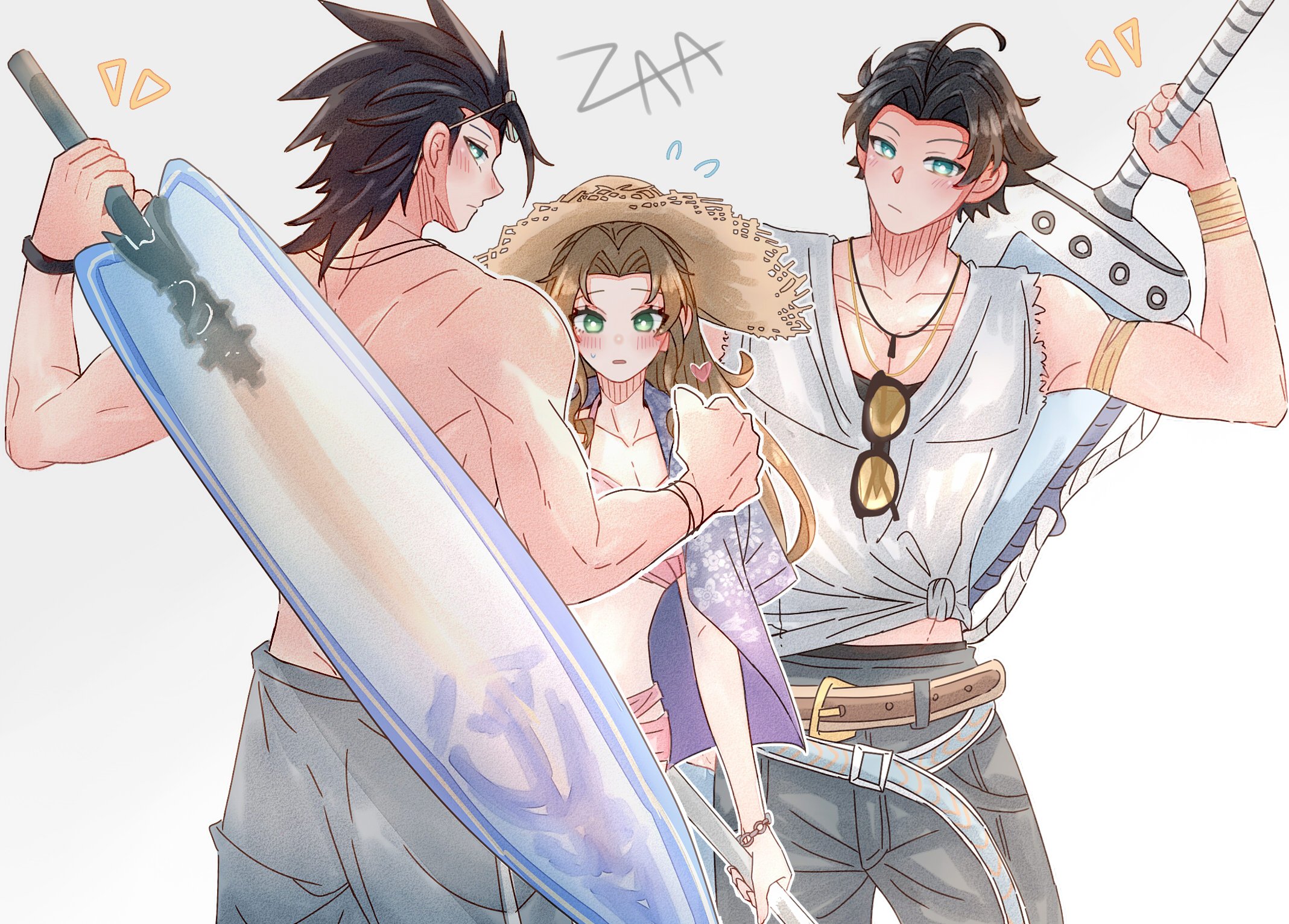 7 (milu577610), aerith gainsborough, aerith gainsborough (sunny robe), angeal hewley, zack fair, final fantasy, final fantasy vii, final fantasy vii ever crisis, commentary request, highres, 1girl, 2boys, angeal hewley (resort style), bikini, black hair, blue eyes, blue shirt, blush, brown hair, collarbone, cowboy shot, flying sweatdrops, green eyes, hand on another's shoulder, hat, holding, holding sword, holding weapon, long hair, looking at another, male swimwear, multiple boys, official alternate costume, parted lips, pink bikini, shirt, shirt on shoulders, short hair, straw hat, sunglasses, swim trunks, swimsuit, sword, tied shirt, topless male, unworn eyewear, weapon, white shirt, zack fair (surfer look)