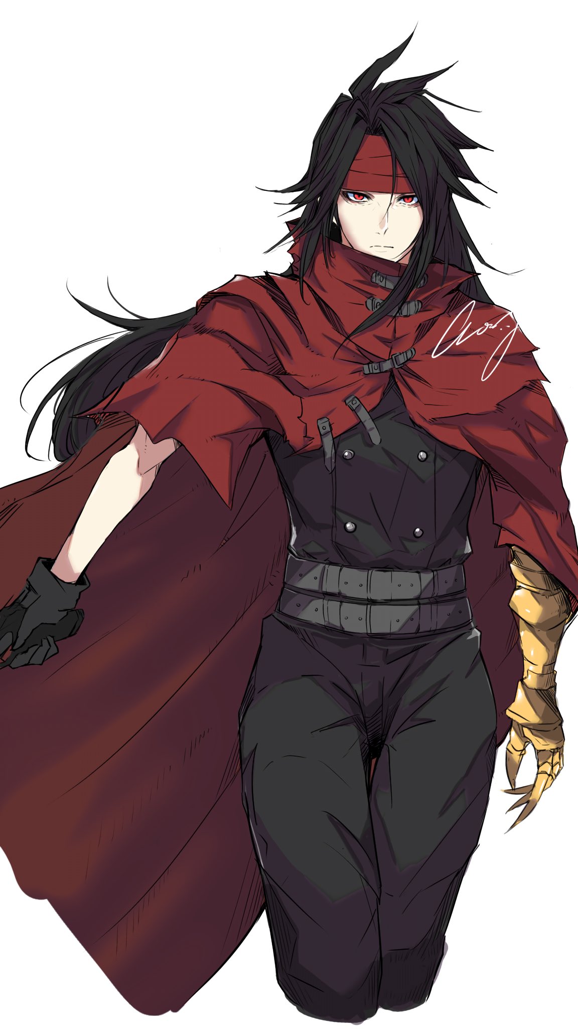 crazy02oekaki, vincent valentine, final fantasy, final fantasy vii, commentary request, highres, 1boy, black gloves, black hair, black pants, cape, cloak, closed mouth, cropped legs, gauntlets, gloves, headband, long hair, looking at viewer, male focus, pants, red cape, red cloak, red eyes, red headband, signature, single gauntlet, single glove, solo, white background