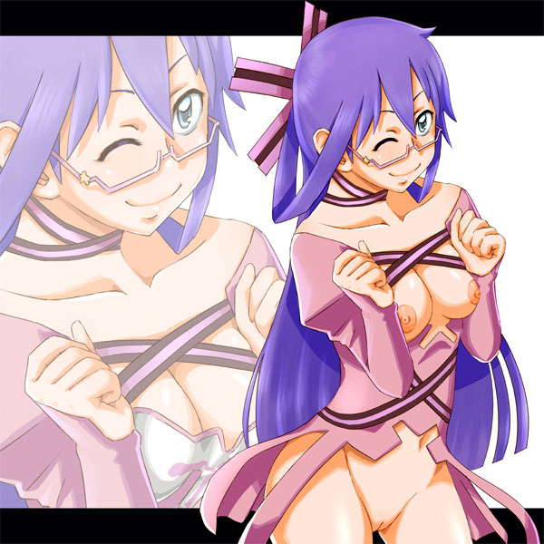 sato iori, komaki midori, devil survivor (series), devil survivor 1, 1girl, blouse, blue eyes, blue hair, bow, breasts, choker, female focus, glasses, hair bow, hair ornament, long hair, matching hair/eyes, nipples, no bra, no panties, one eye closed, pussy, ribbon, shirt, solo, wink