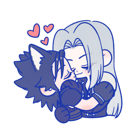 105zz, sephiroth, zack fair, crisis core final fantasy vii, final fantasy, final fantasy vii, commentary request, lowres, 2boys, animal ears, armor, black coat, black gloves, black hair, closed eyes, closed mouth, coat, dog boy, dog ears, gloves, grey hair, heart, kiss, long hair, male focus, multiple boys, parted bangs, shoulder armor, simple background, smile, spiked hair, upper body, white background, yaoi