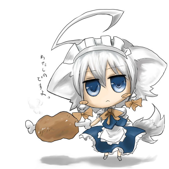 ross (clumzero), inu sakuya (nejikirio), izayoi sakuya, touhou, silver hair, translated, 1girl, :<, ahoge, animal ears, blue eyes, boned meat, braid, chibi, dog ears, dog tail, female focus, food, jitome, maid, meat, short hair, solo, tail, twin braids