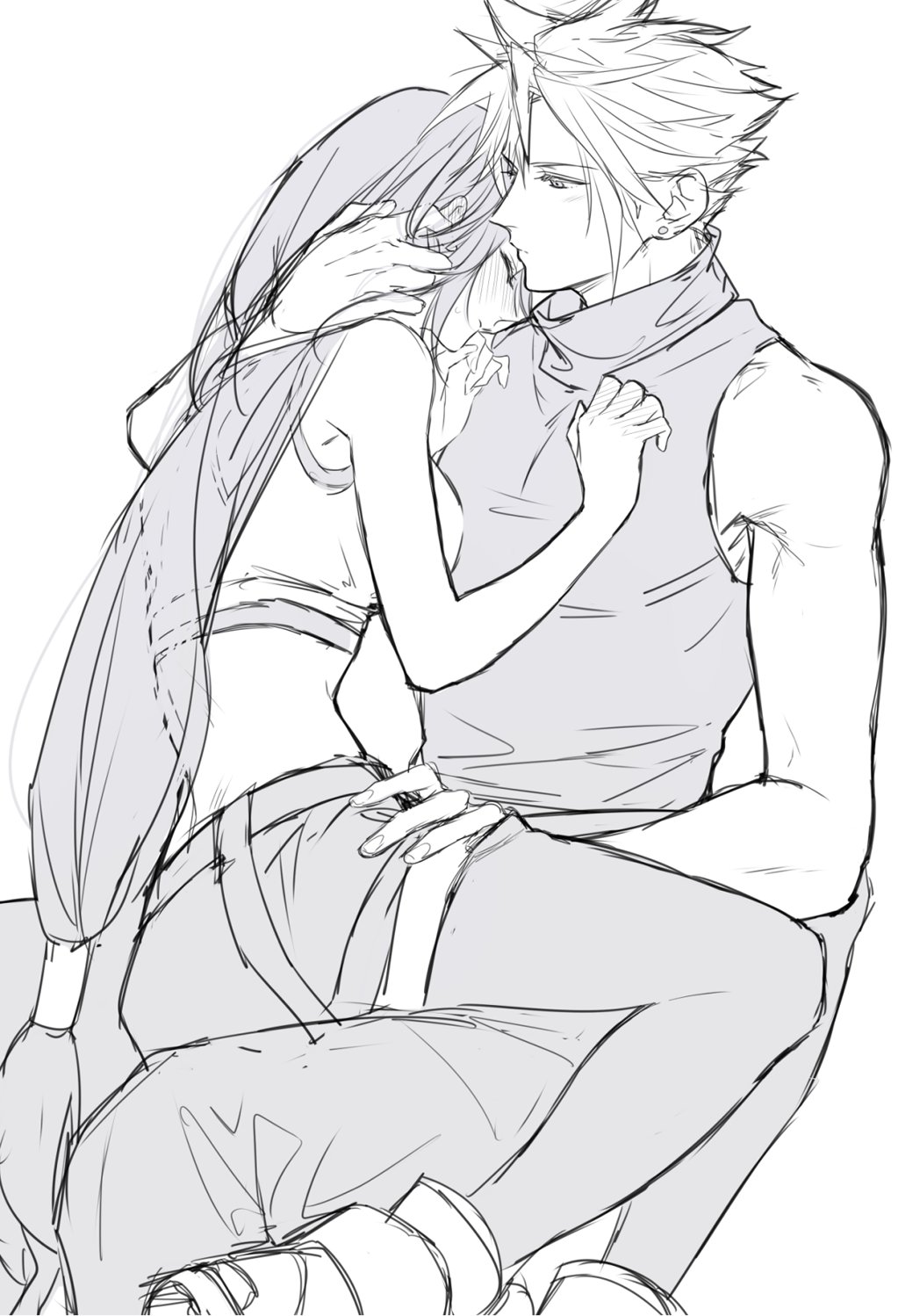minatoyatonami, cloud strife, tifa lockhart, final fantasy, final fantasy vii, final fantasy vii rebirth, final fantasy vii remake, highres, 1boy, 1girl, bare arms, bare shoulders, blush, boots, breasts, couple, crop top, feet out of frame, greyscale, hand on another's head, hand on another's hip, large breasts, long hair, low-tied long hair, miniskirt, monochrome, short hair, sitting, sitting on lap, sitting on person, skirt, sleeveless, sleeveless turtleneck, spiked hair, sweater, tank top, thighhighs, turtleneck, turtleneck sweater, white background