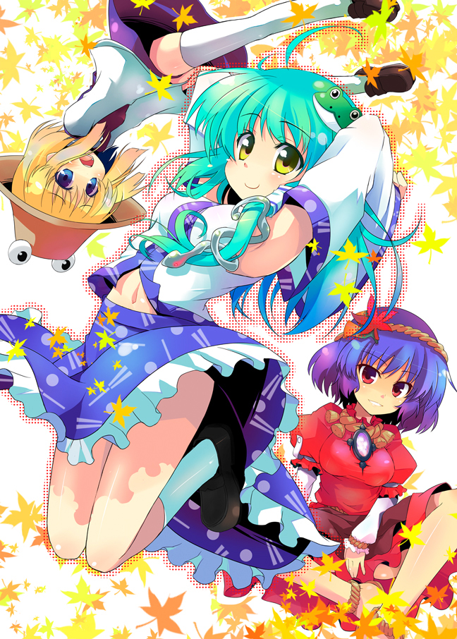 sw (taco), kochiya sanae, moriya suwako, yasaka kanako, touhou, 3girls, blonde hair, blue hair, detached sleeves, female focus, frog, green hair, hat, japanese clothes, miko, multiple girls, navel, plant, red eyes, rope, sandals, short hair, skirt, thighhighs, zouri