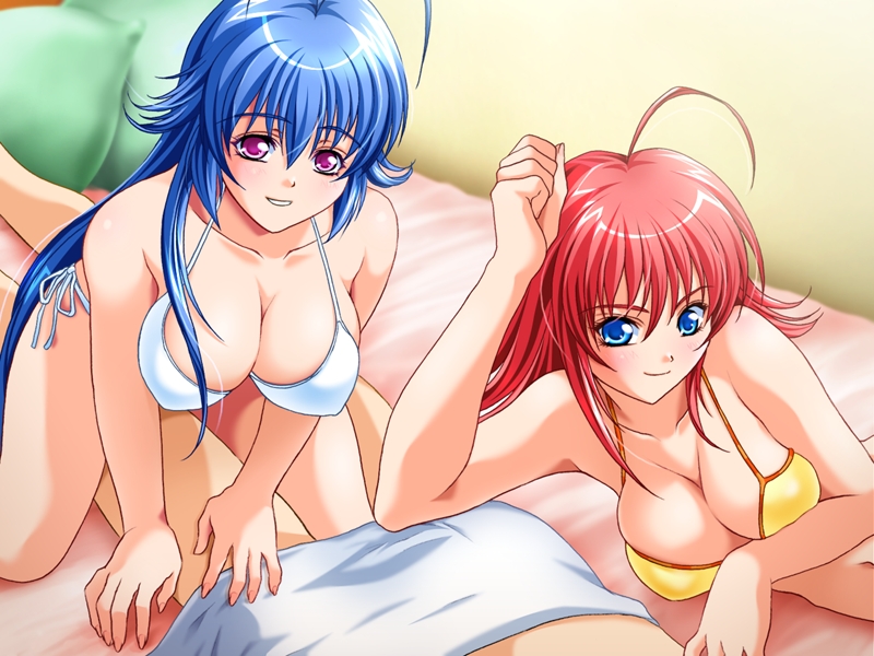 mochizuki nozomu, jiono elis, machise lucia, futari de marvel shichaimasu!, non-web source, 2girls, bed, bikini, blue eyes, blue hair, breasts, large breasts, long hair, multiple girls, red eyes, red hair, short hair, swimsuit, very long hair
