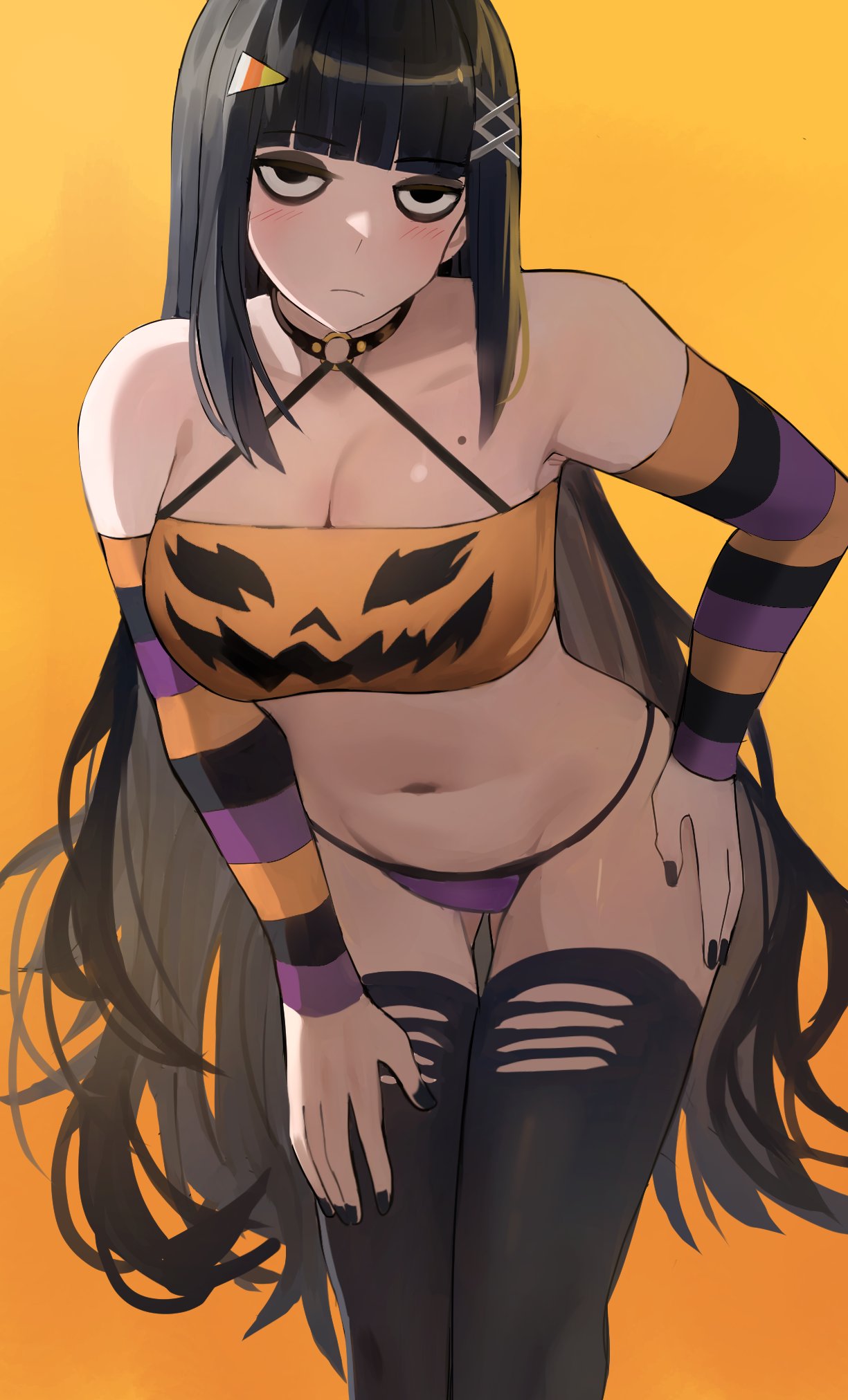 jourd4n, original, highres, 1girl, bikini, black choker, black eyes, black hair, black nails, blunt bangs, breasts, choker, cleavage, closed mouth, detached sleeves, gelvira meadows, gluteal fold, hair ornament, hairclip, hand on own hip, hand on own thigh, jack-o'-lantern print, large breasts, leaning forward, light blush, light frown, long hair, looking at viewer, makeup, mole, mole on breast, nail polish, navel, o-ring, o-ring choker, orange background, purple bikini, solo, swimsuit, thigh gap, thighhighs, torn clothes, torn thighhighs, very long hair, x hair ornament