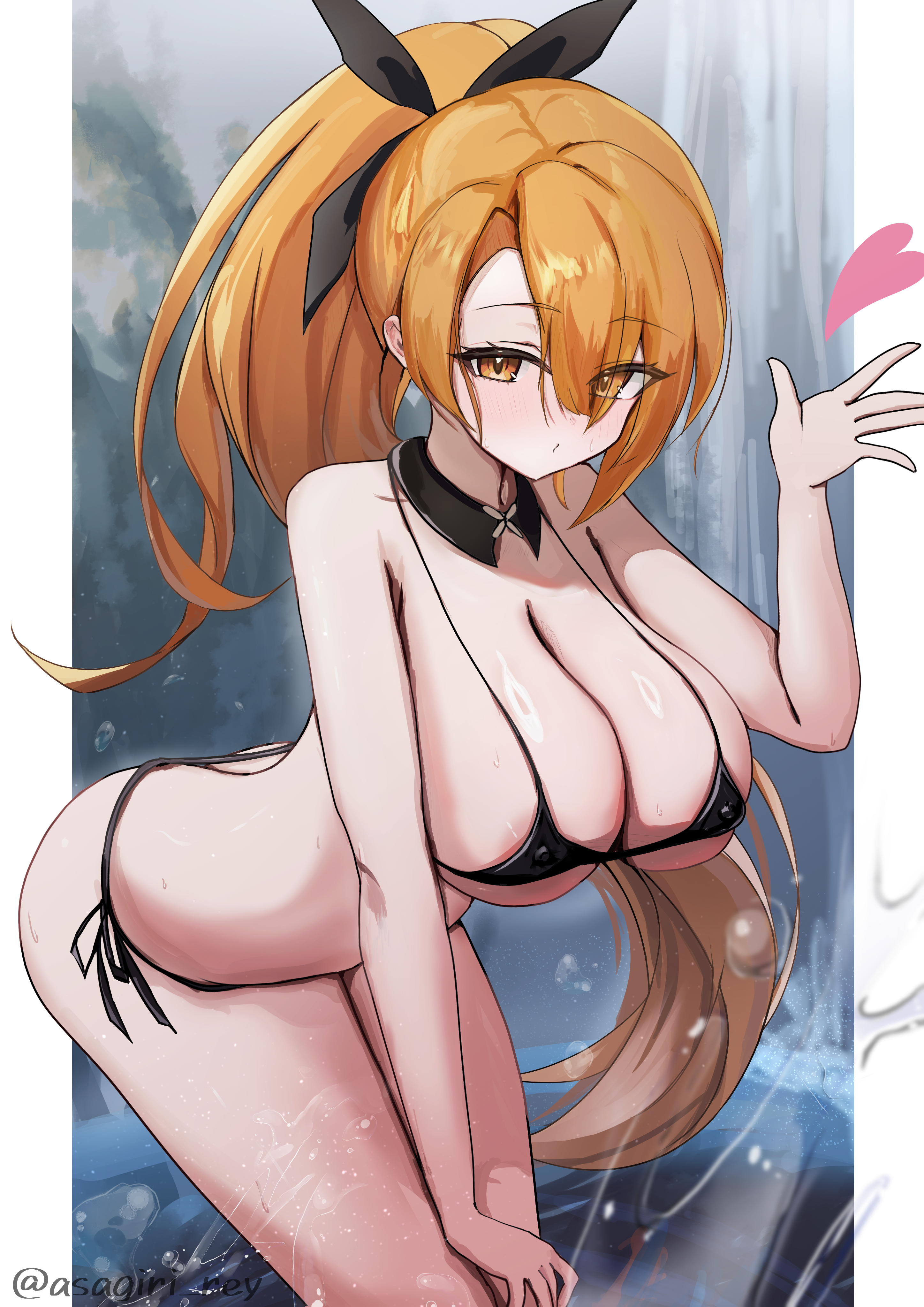 asagiri rey, morrison (azur lane), morrison (technology or ninjutsu) (azur lane), azur lane, absurdres, highres, 1girl, bikini, black bikini, black bow, bow, breasts, cleavage, covered erect nipples, detached collar, genderswap, hair bow, heart, high ponytail, huge breasts, light blush, long hair, looking at viewer, official alternate costume, orange eyes, orange hair, ponytail, sexy no jutsu, side-tie bikini bottom, solo, swimsuit, twitter username, water