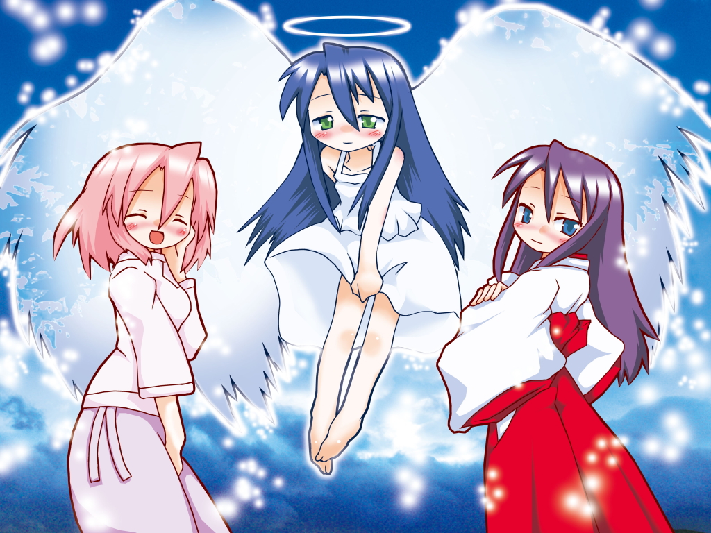 hiiragi miki, izumi kanata, takara yukari, lucky star, 00s, angel, angel wings, barefoot, blue eyes, blue hair, closed eyes, green eyes, halo, japanese clothes, long hair, mature female, miko, pink hair, purple hair, short hair, wings