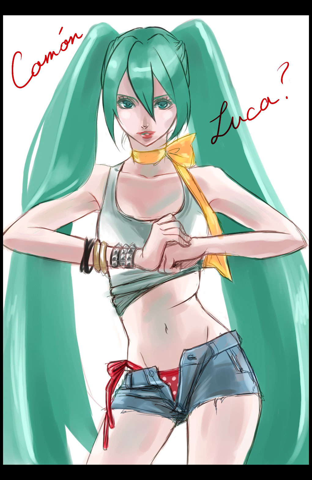 inaichi, hatsune miku, vocaloid, bad id, bad pixiv id, highres, 1girl, bracelet, denim, denim shorts, english text, female focus, green eyes, green hair, jewelry, lipstick, long hair, makeup, panties, short shorts, shorts, side-tie panties, solo, twintails, unbuttoned, underwear, very long hair
